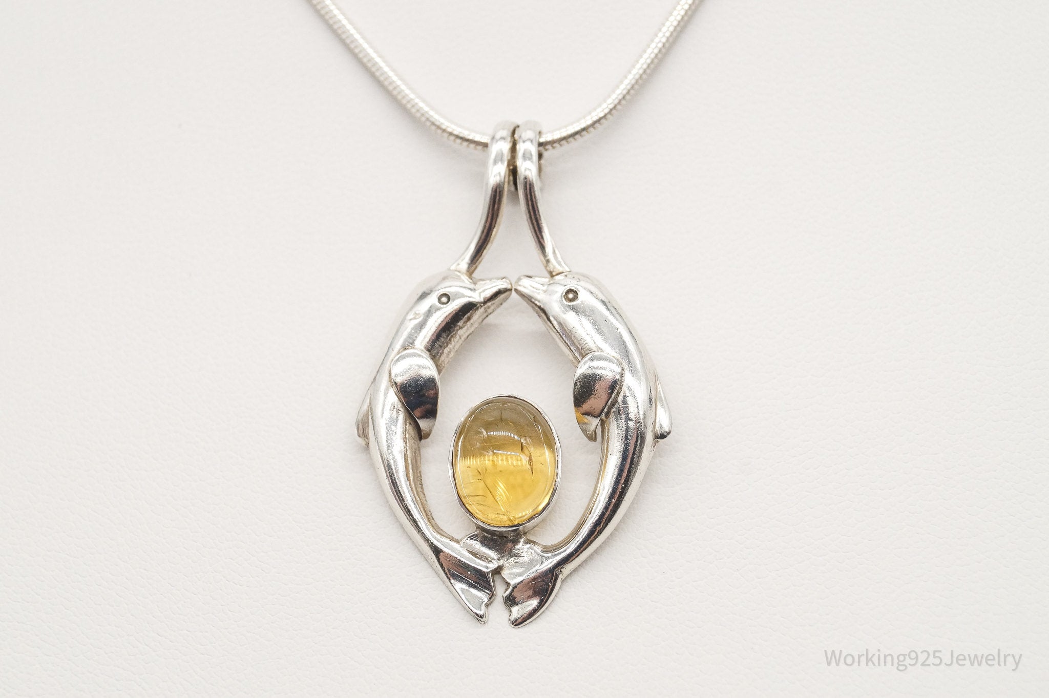 Vintage Large Kissing Dolphins Citrine Sterling Silver Necklace