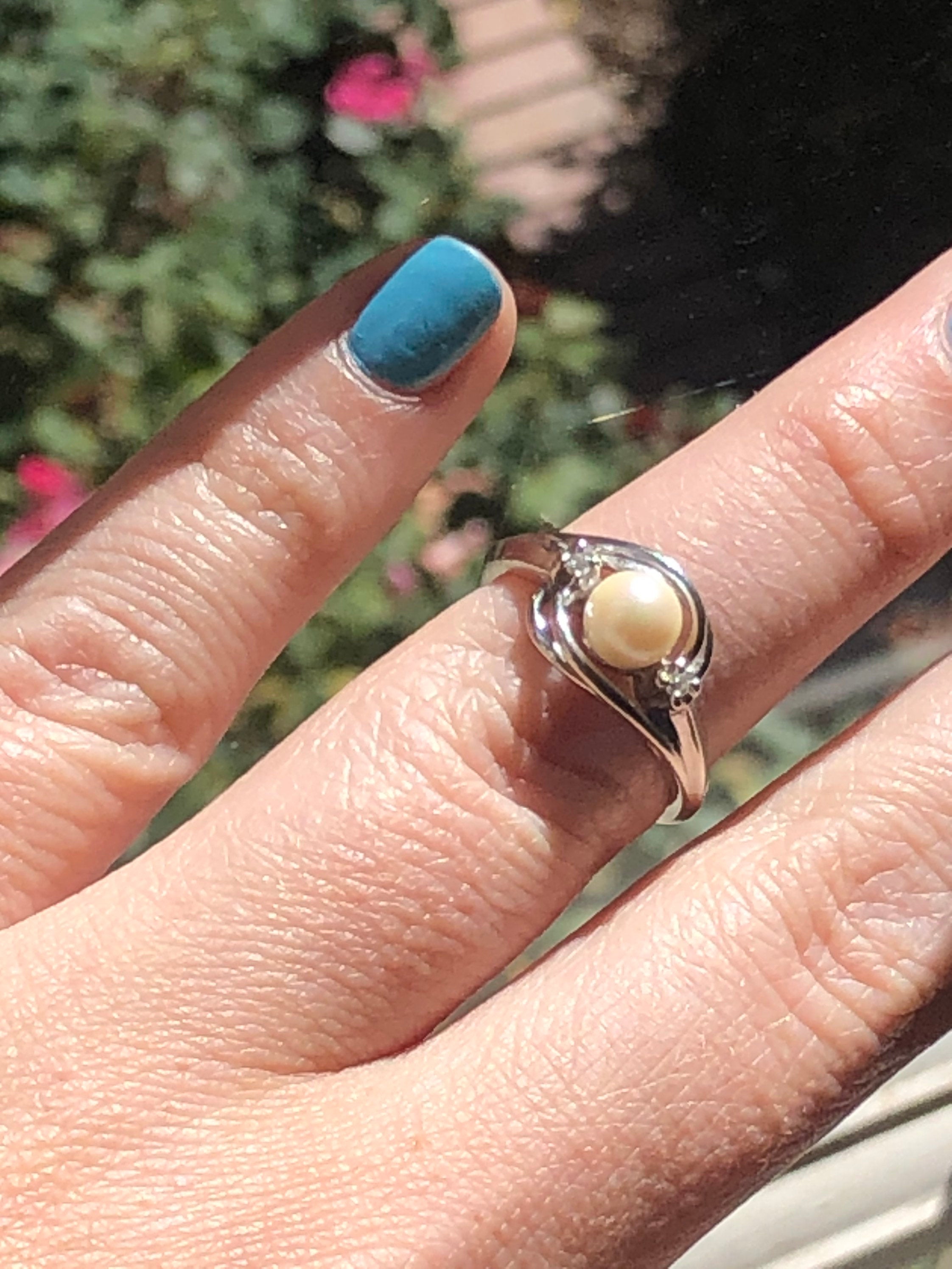 Vtg 10K Gold Diamond Pearl Art Nouveau Ring - Size 6.5