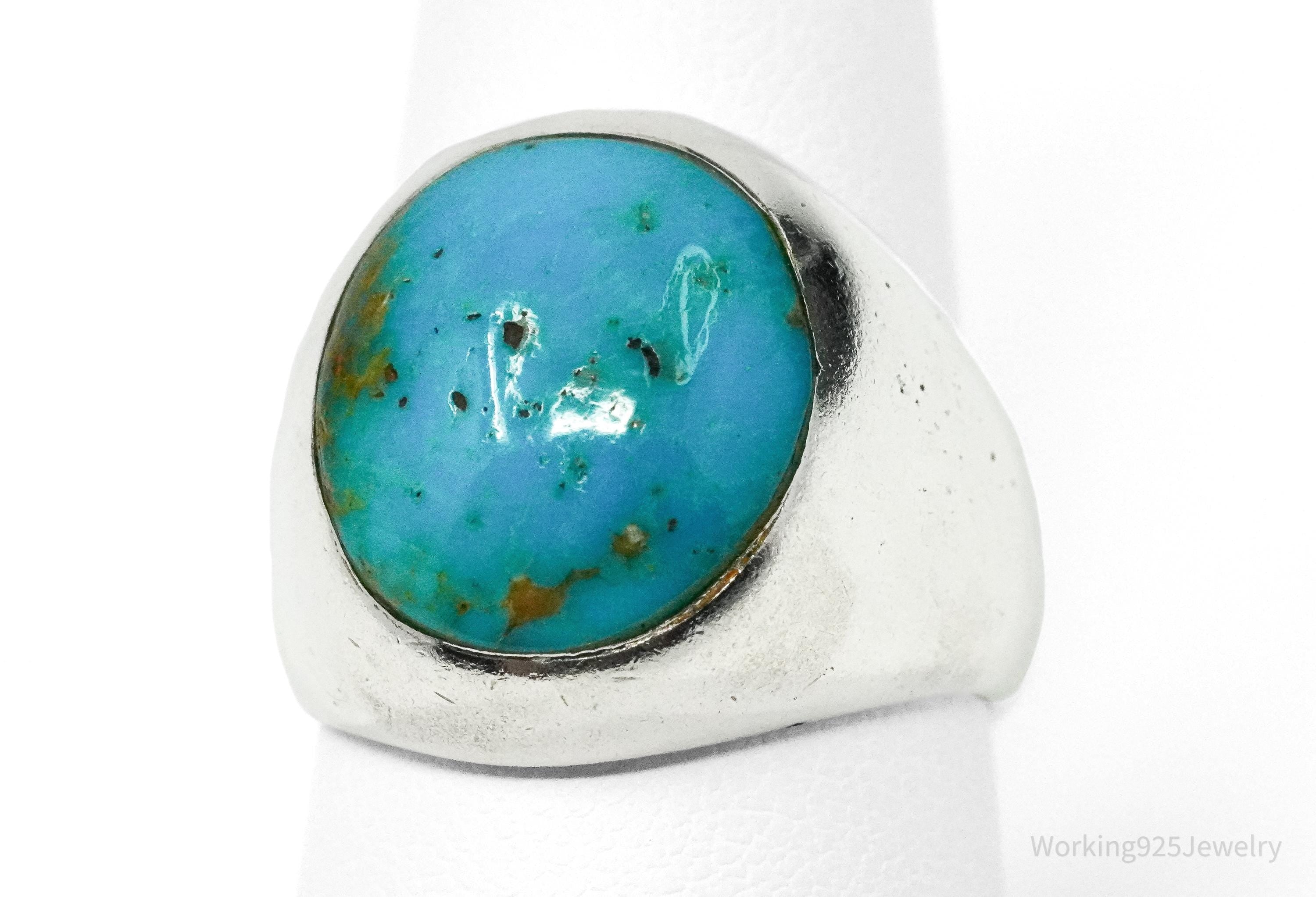 Vintage Blue Turquoise Inlay Silver Ring - Size 8.25