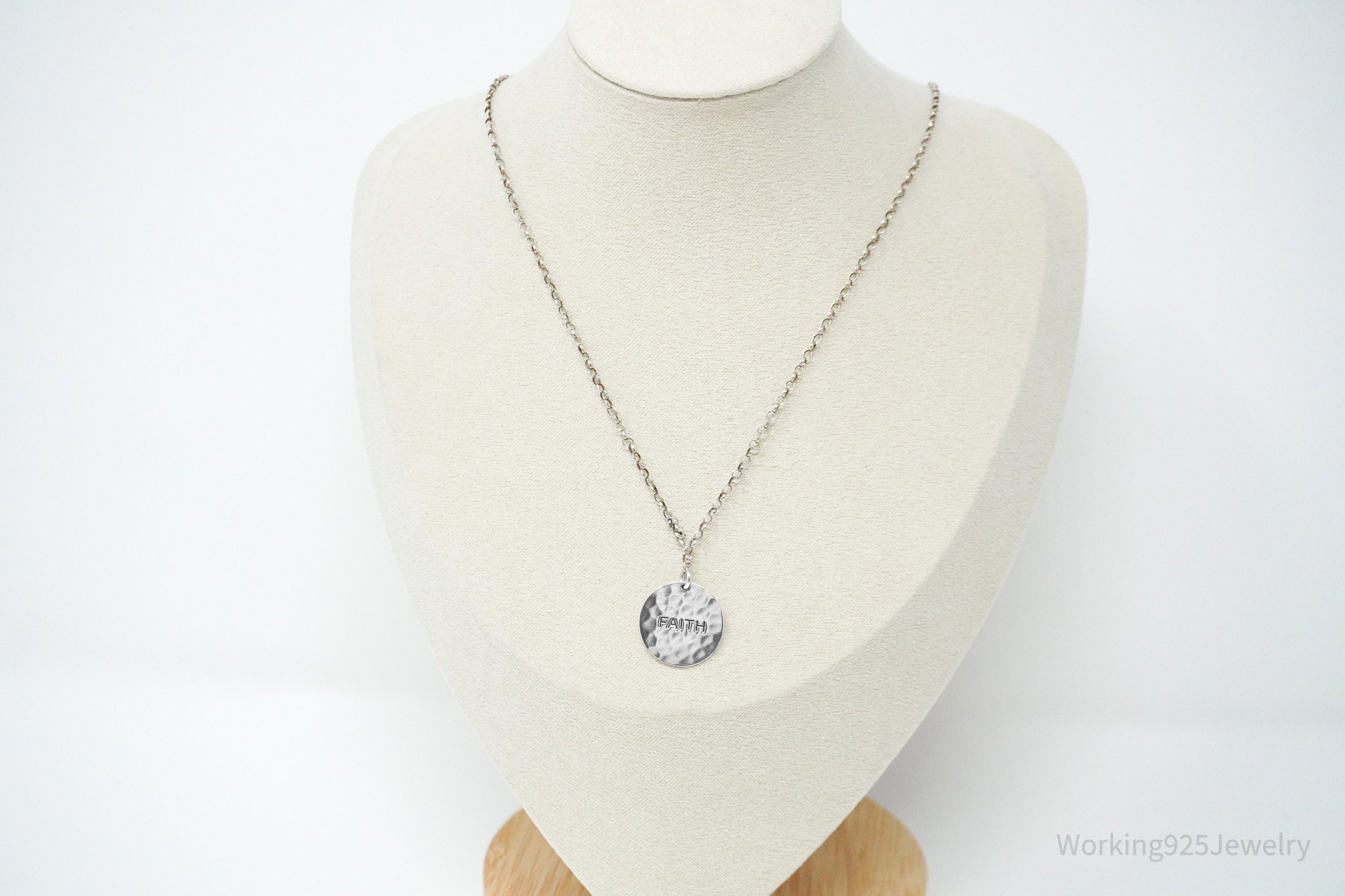 Vintage FAITH Sterling Silver Hammered Style Pendant Necklace 17"