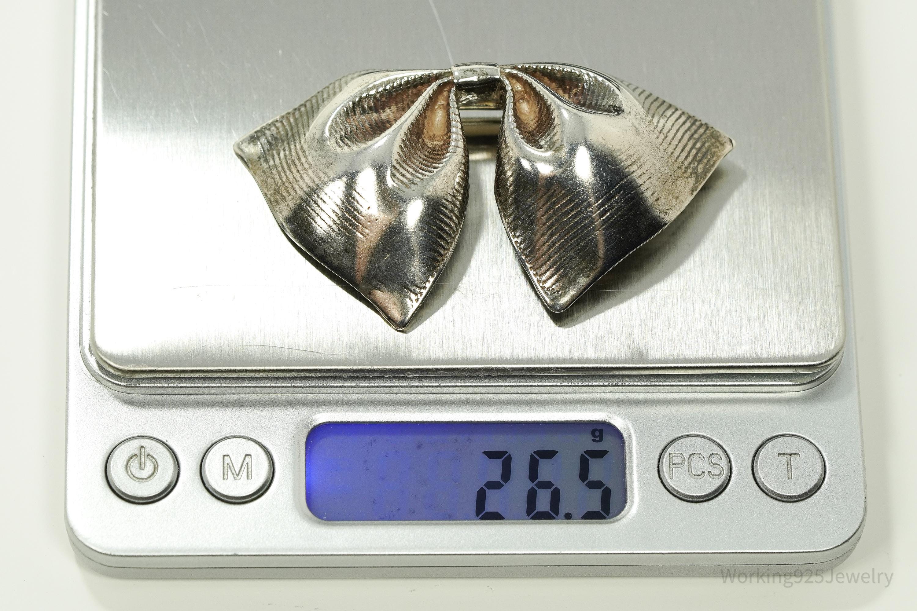 Antique Large Bow Tie Sterling Silver Brooch Pin