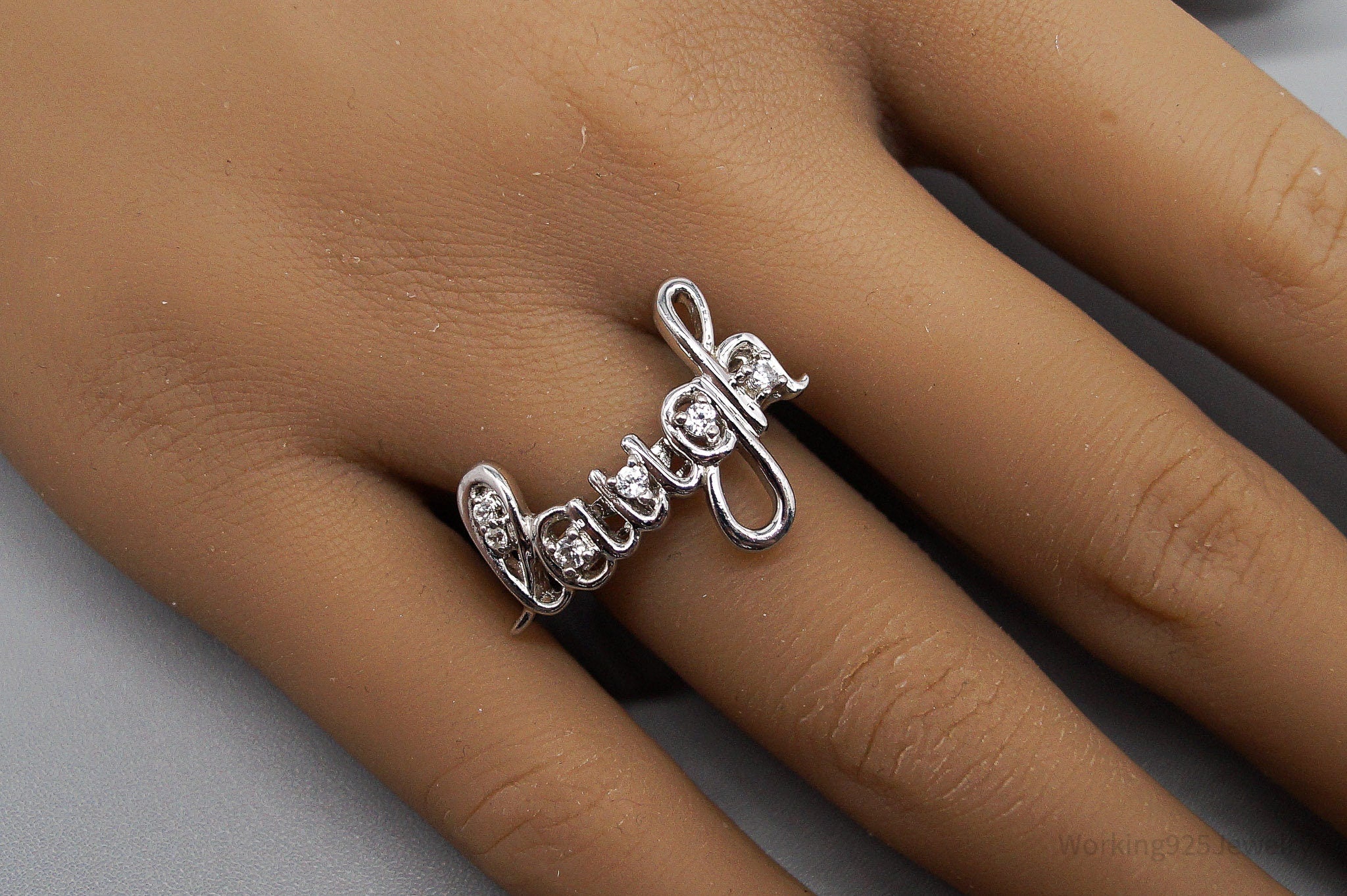 Vintage Cursive "Laugh" Cubic Zirconia Sterling Silver Ring - Size 7