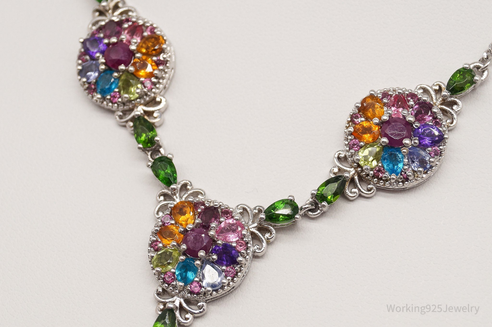 Multi Gemstone Sterling Silver Statement Necklace 18"