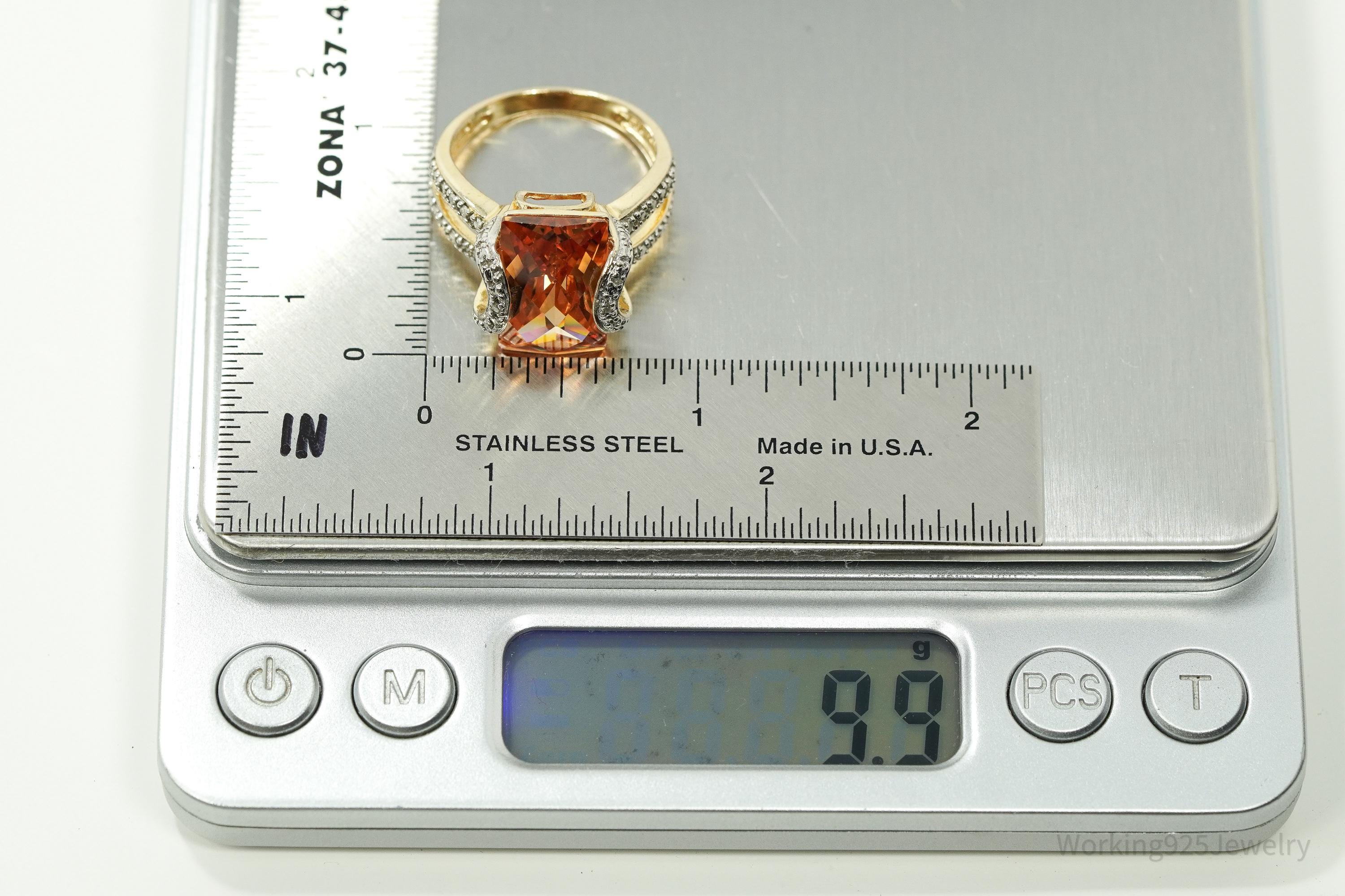 VTG Designer Ross Simons Orange Cubic Zirconia & Diamond Gold Over Sterling Silver Ring - Size 9.25