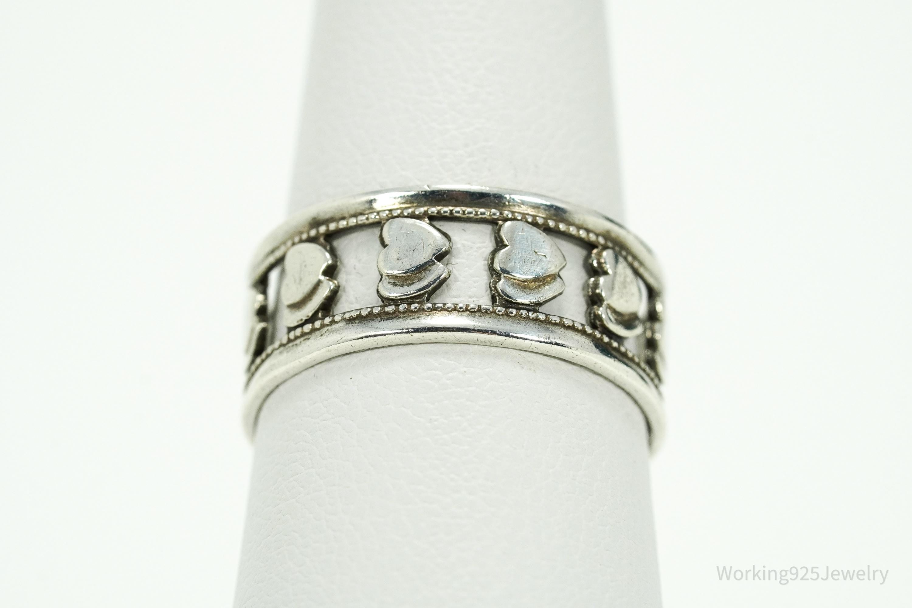 Antique Double Hearts Pattern Sterling Silver Band Ring - Size 8.25
