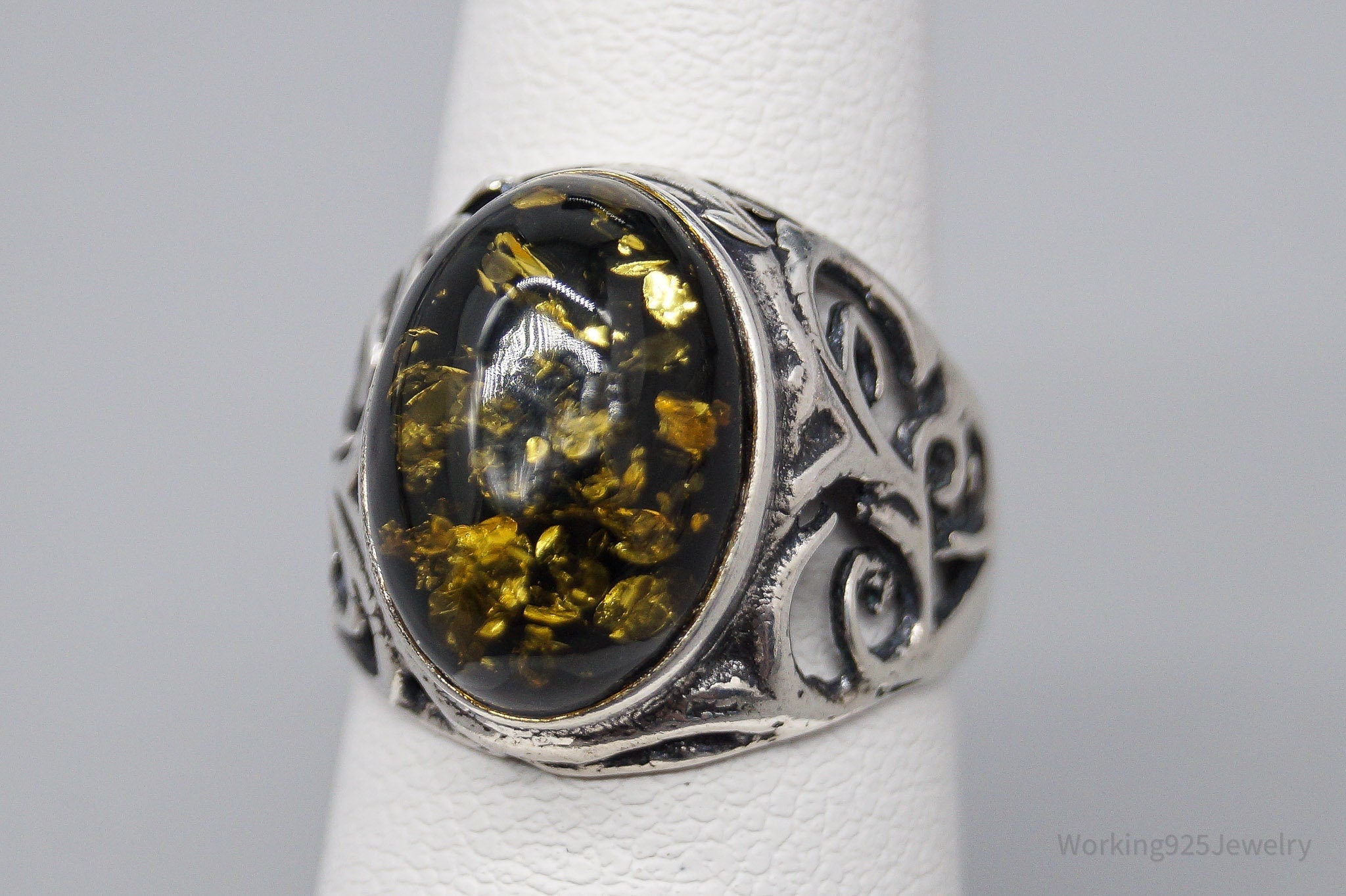 Vintage Amber Sterling Silver Ring - Size 5.25