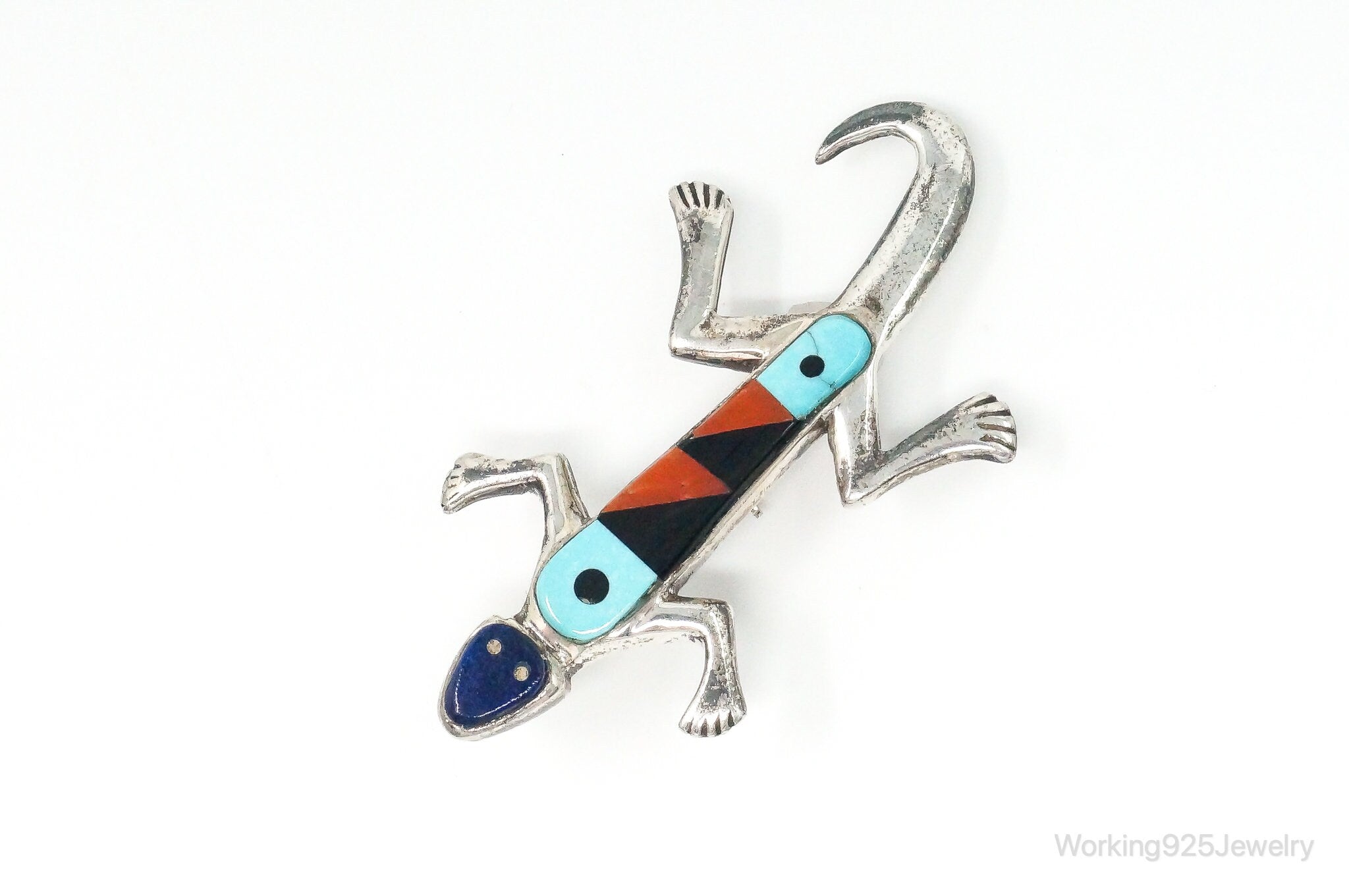 Vintage Native American Multi Gem Inlay Lizard Sterling Silver Pendant Pin