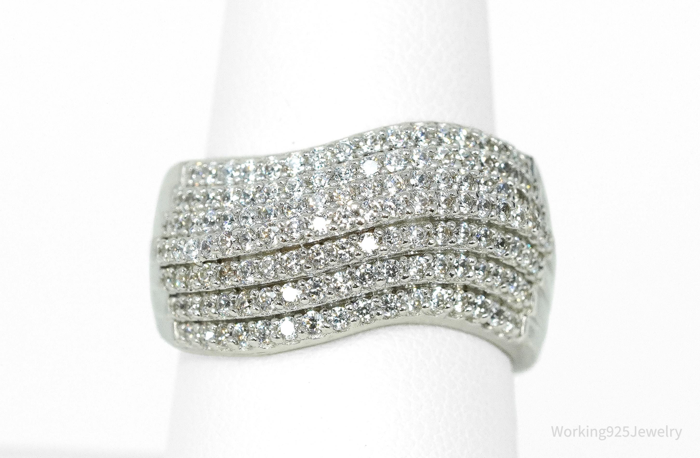 SUZY LEVIAN Pave Cubic Zirconia Sterling Silver Wavy Crossing Ring Size 8