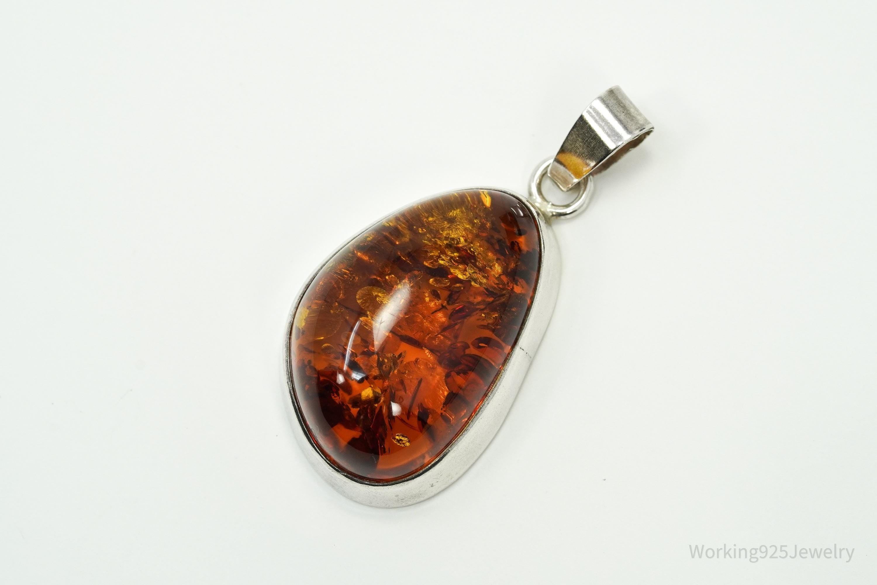 Large Vintage Modernist Amber Sterling Silver Pendant