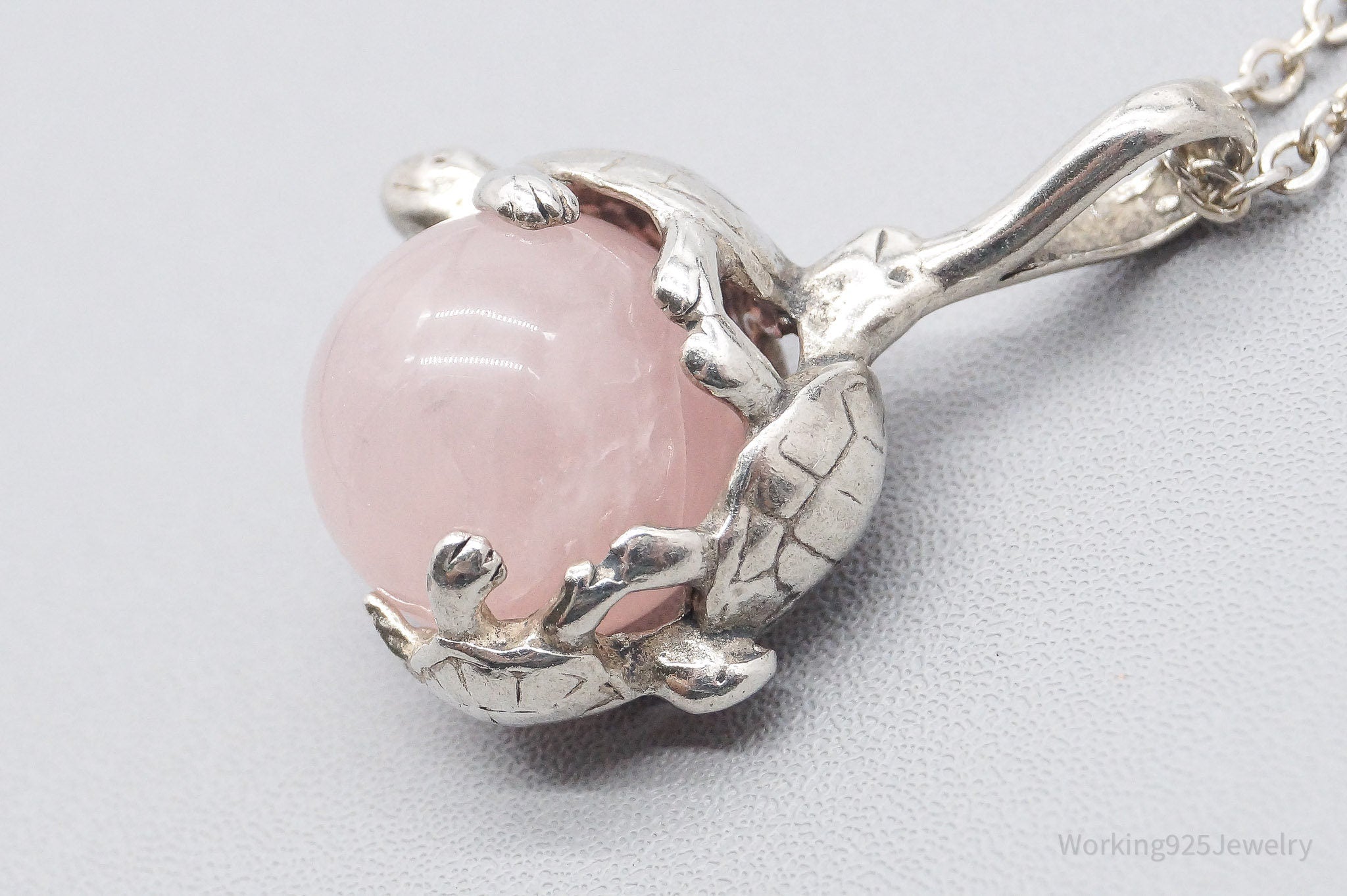 Vintage Sea Turtles & Rose Quartz Sterling Silver Necklace 20"