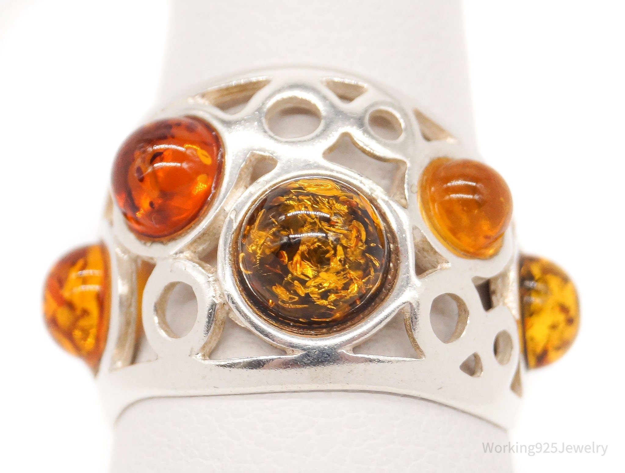 Vintage Modernist Multi Type Amber Gemstone Sterling Silver Ring - Size 4.75