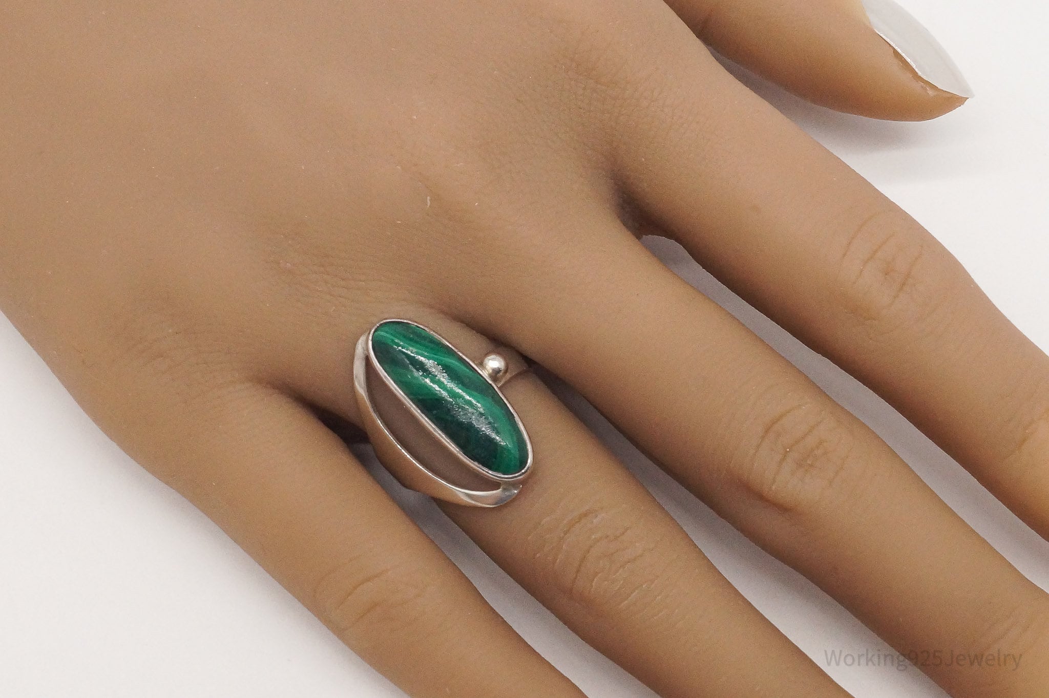 Vintage Malachite Sterling Silver Ring - Size 7.75