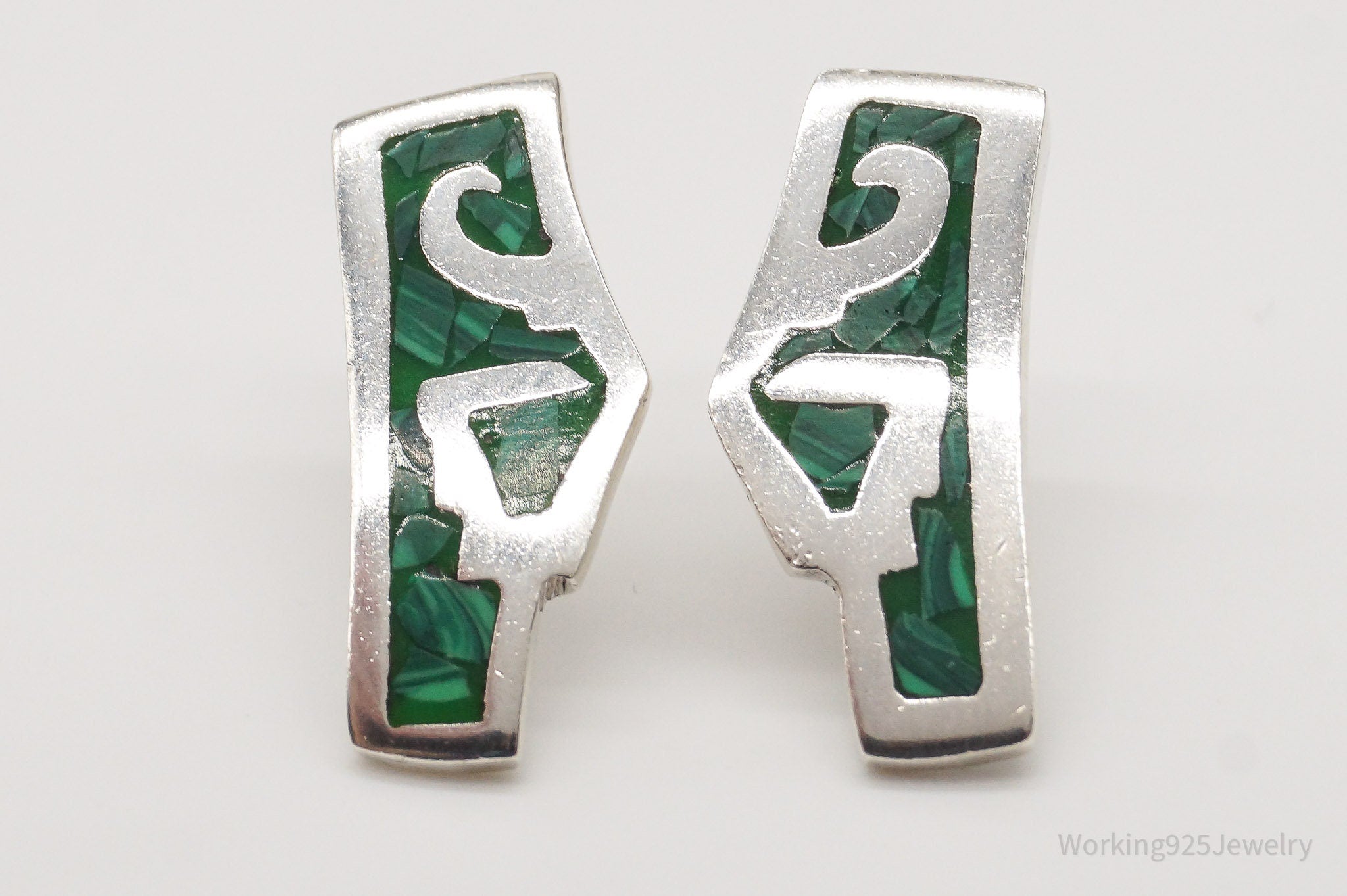 Vintage Mexico Malachite Modernist Sterling Silver Earrings