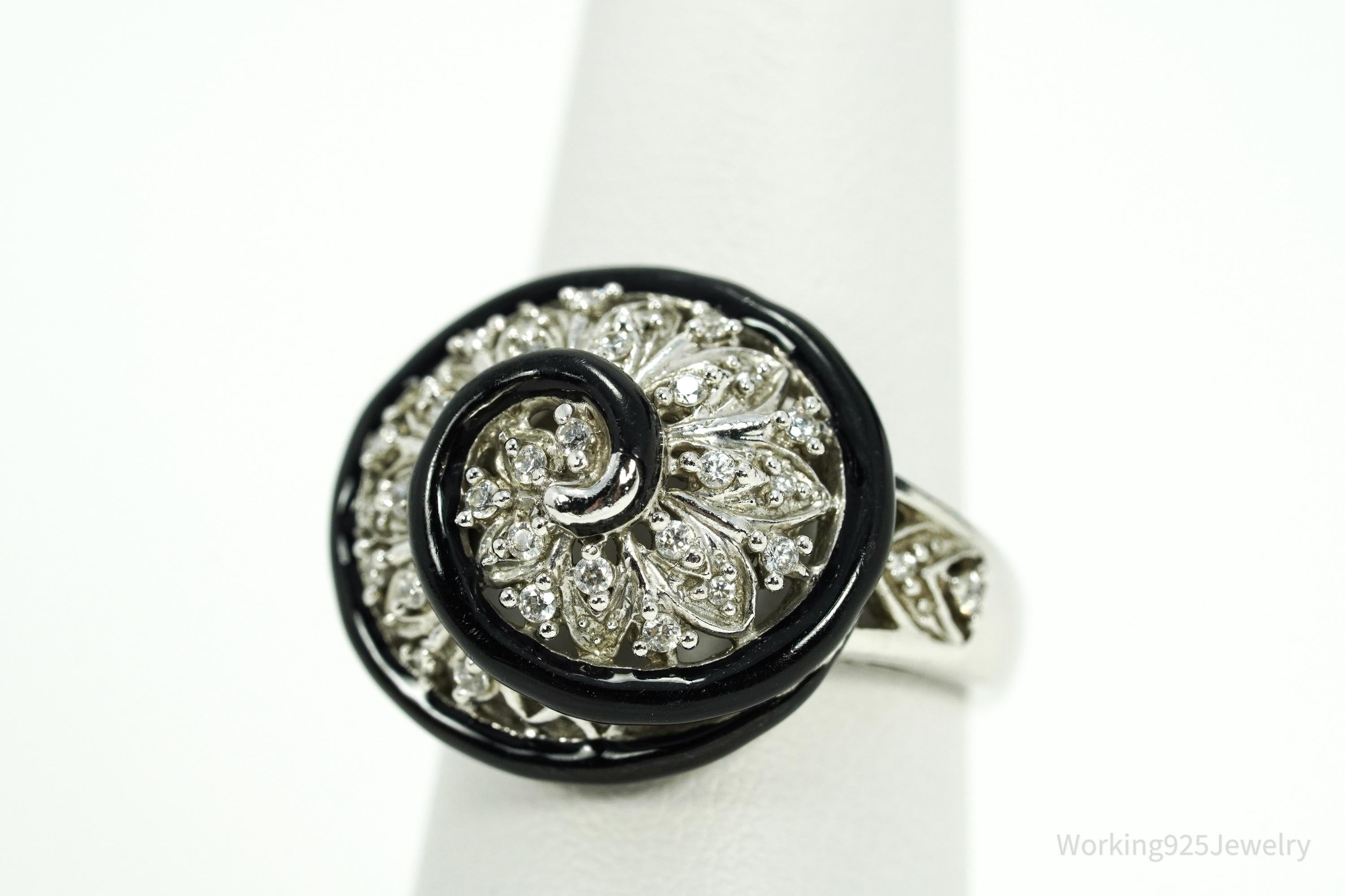 Vintage Designer Cubic Zirconia & Enamel Spiral Sterling Silver Ring - Size 7