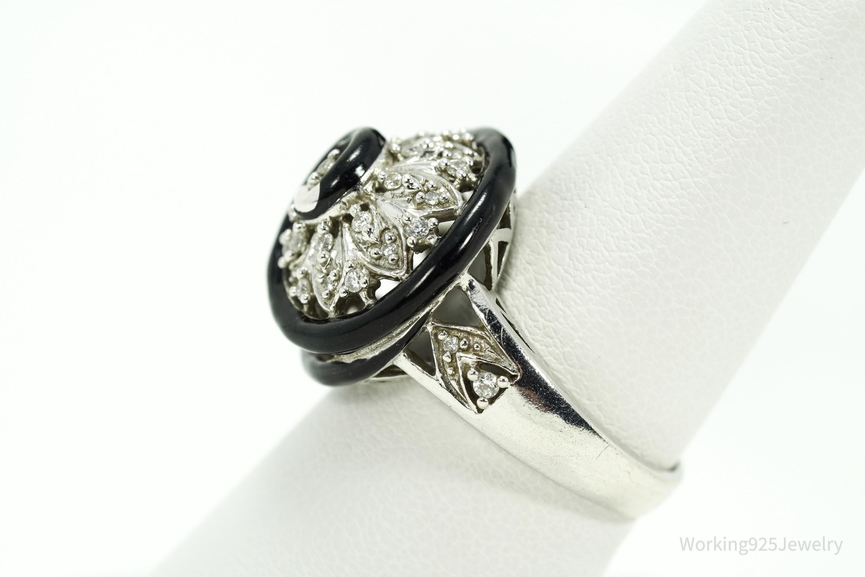Vintage Designer Cubic Zirconia & Enamel Spiral Sterling Silver Ring - Size 7