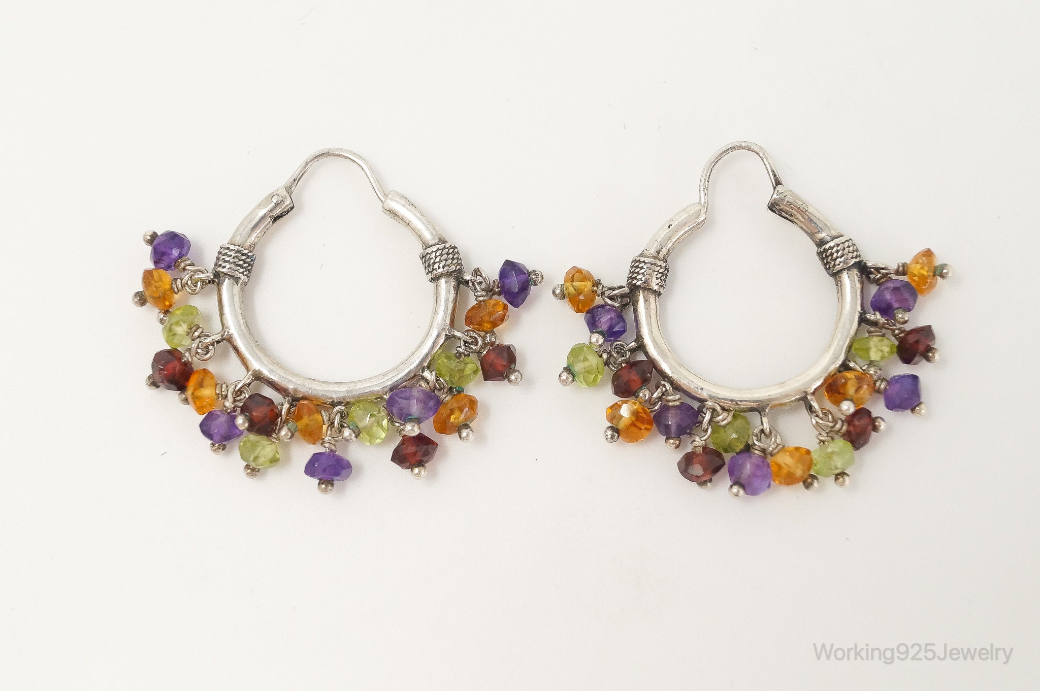 Vintage Multi Gemstone Beads Sterling Silver Hoop Earrings