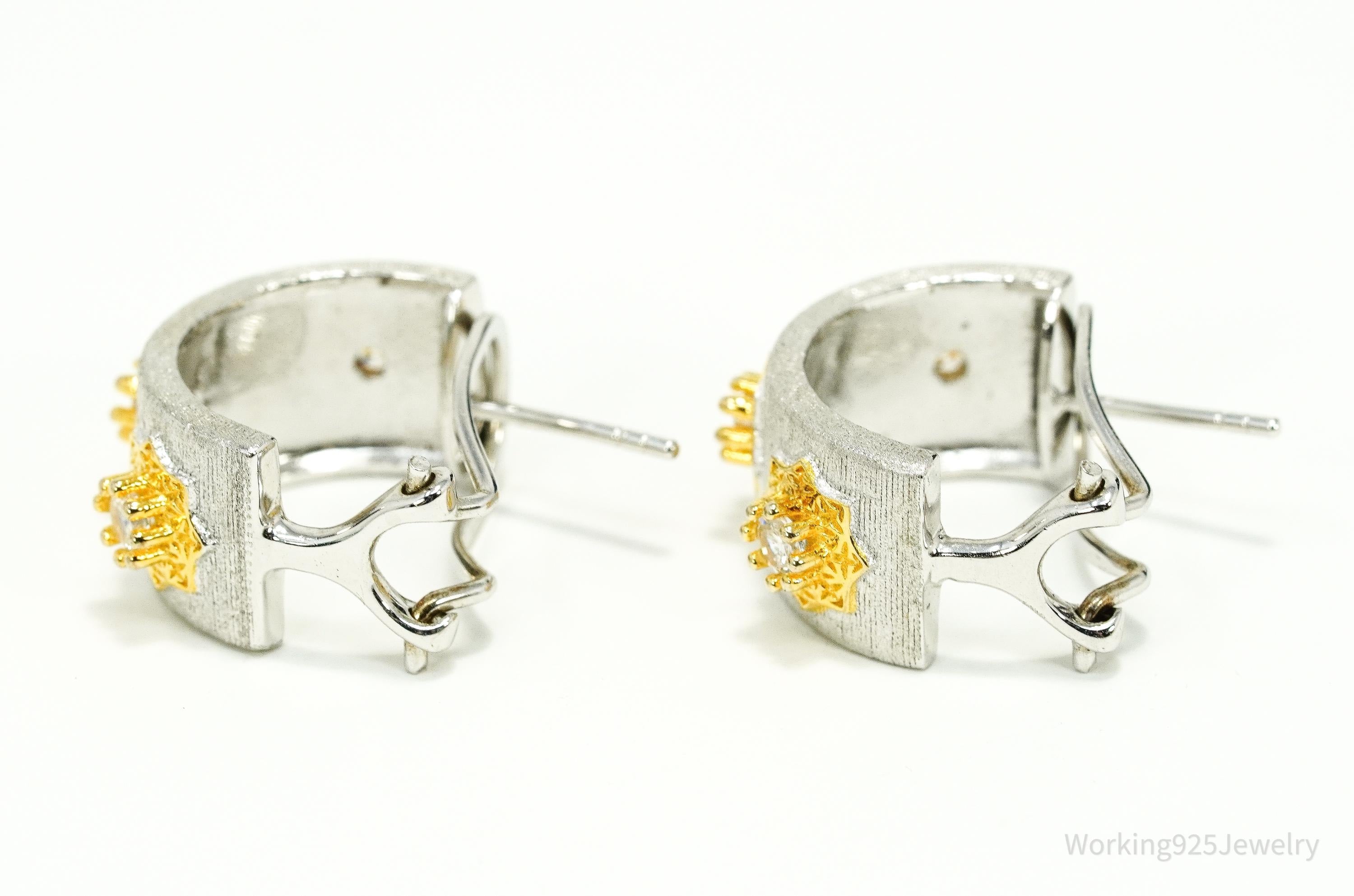 Vintage Cubic Zirconia Gold Vermeil Sterling Silver Hoop Earrings