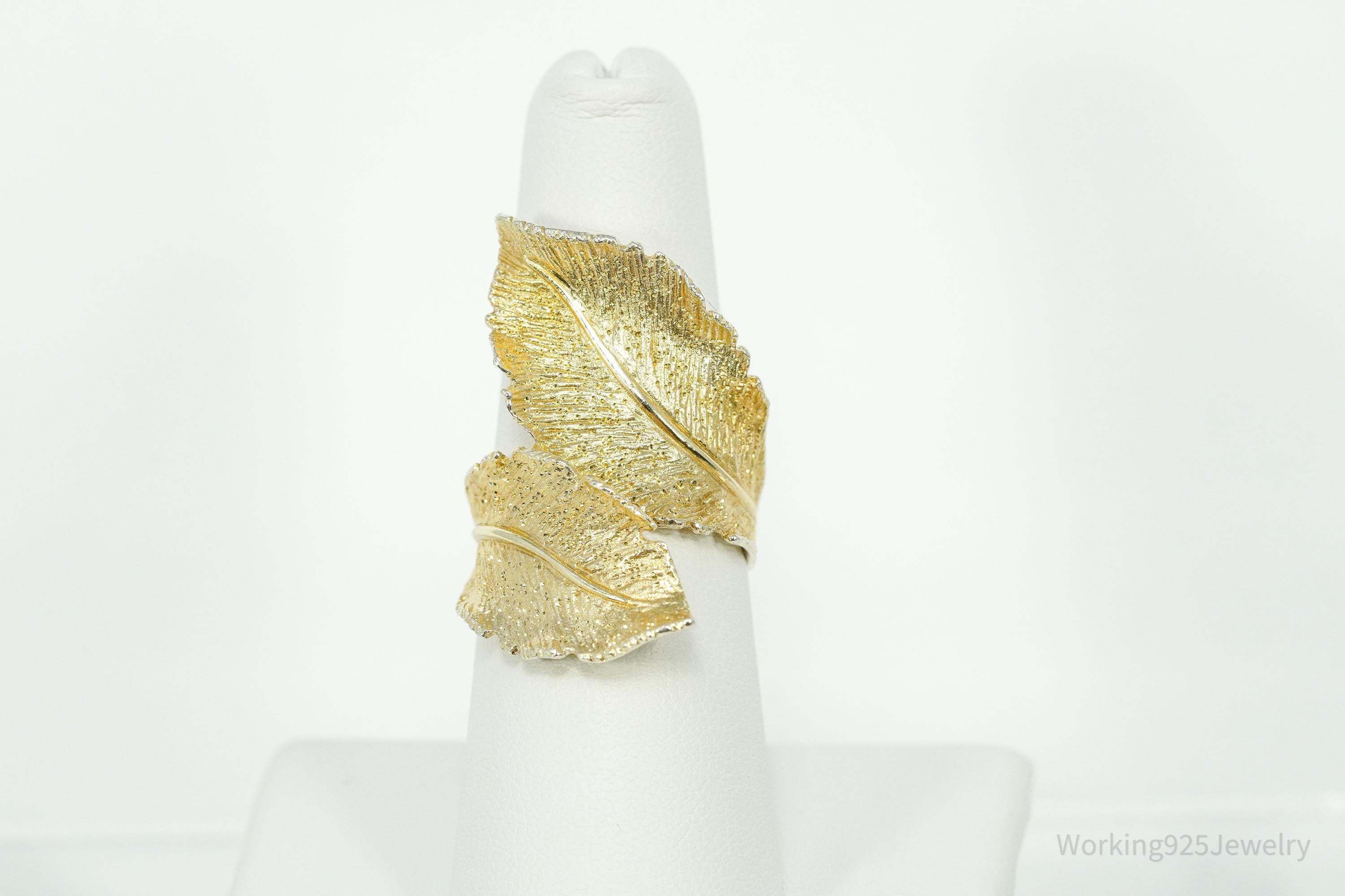 Vintage Italian Dyadema 18K Yellow Gold Plated Figural Leaf Sterling Silver Ring - Size 7