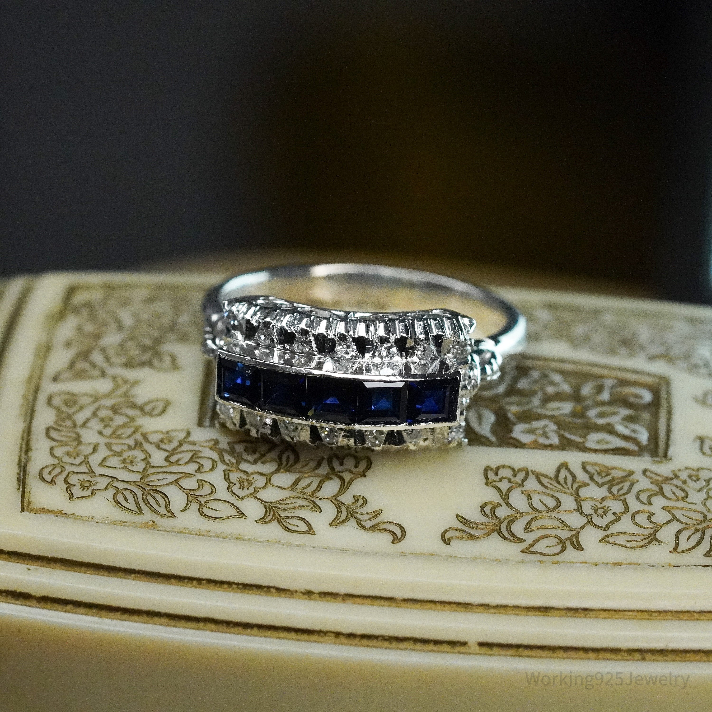 Art Deco Palladium 18K White Gold, Diamonds and Sapphires Ring Size - 8.75