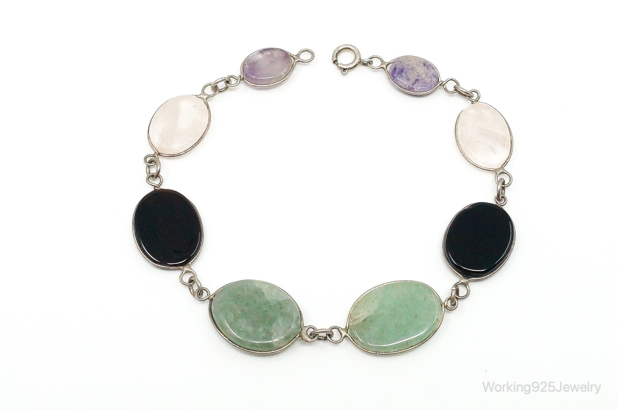 Vintage Moonstone Onyx Jade Sterling Silver Gemstone Bracelet