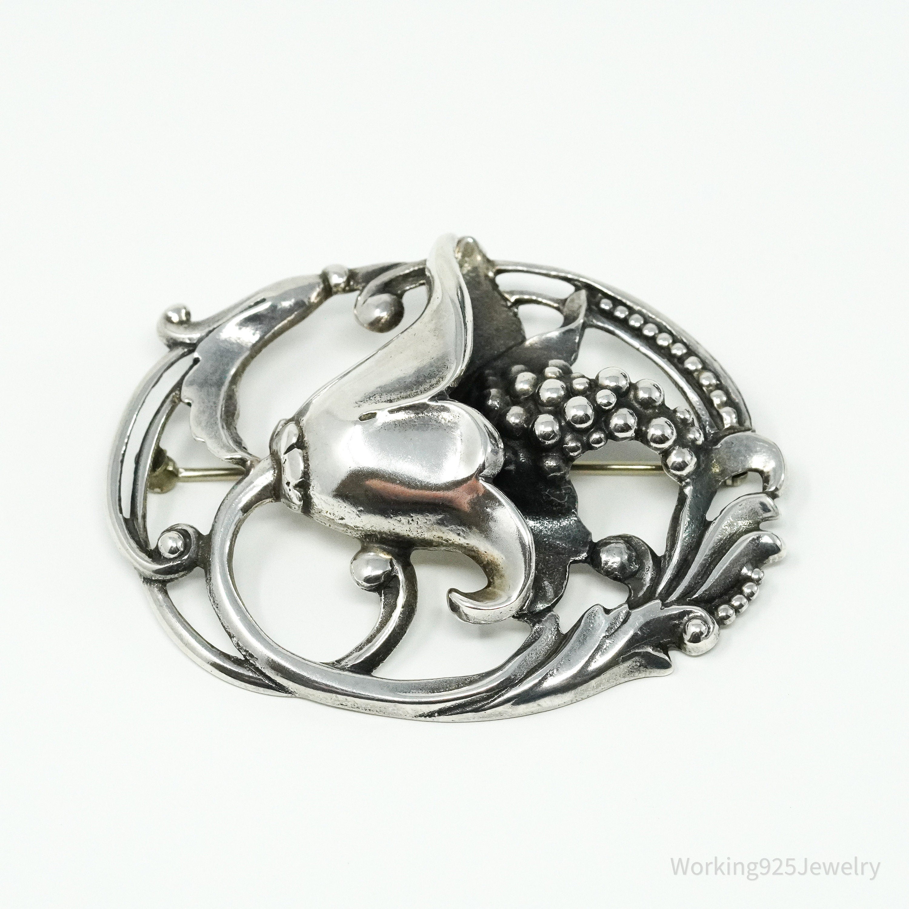 Antique Floral Sterling Silver Brooch Pin 2.5"