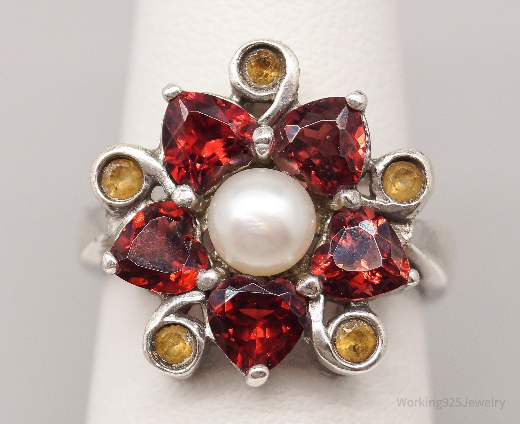 Vintage RS Pearl Citrine Garnet Sterling Silver Ring - Size 7.25