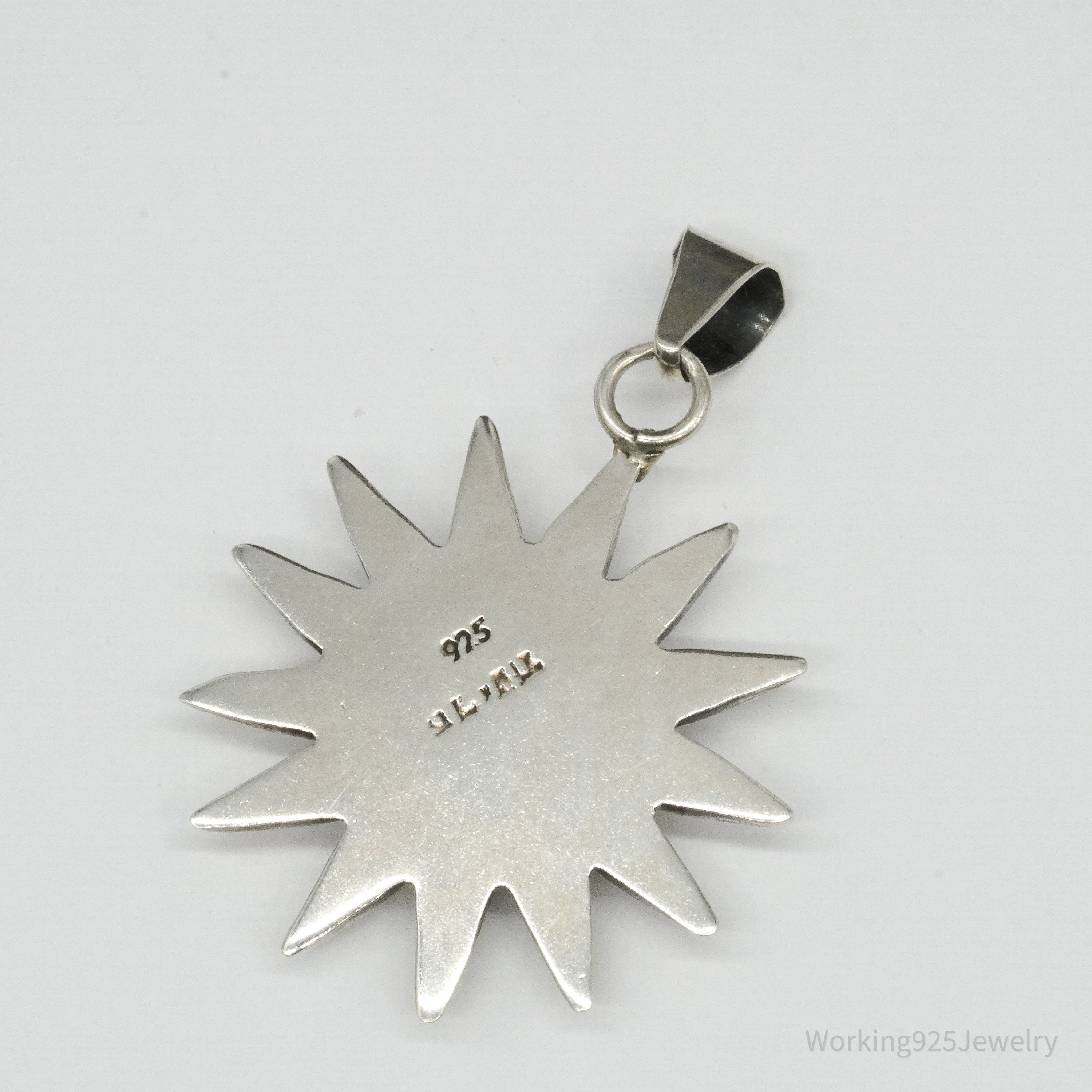 Large Vintage Mexico Turquoise Sun Sterling Silver Pendant 2"