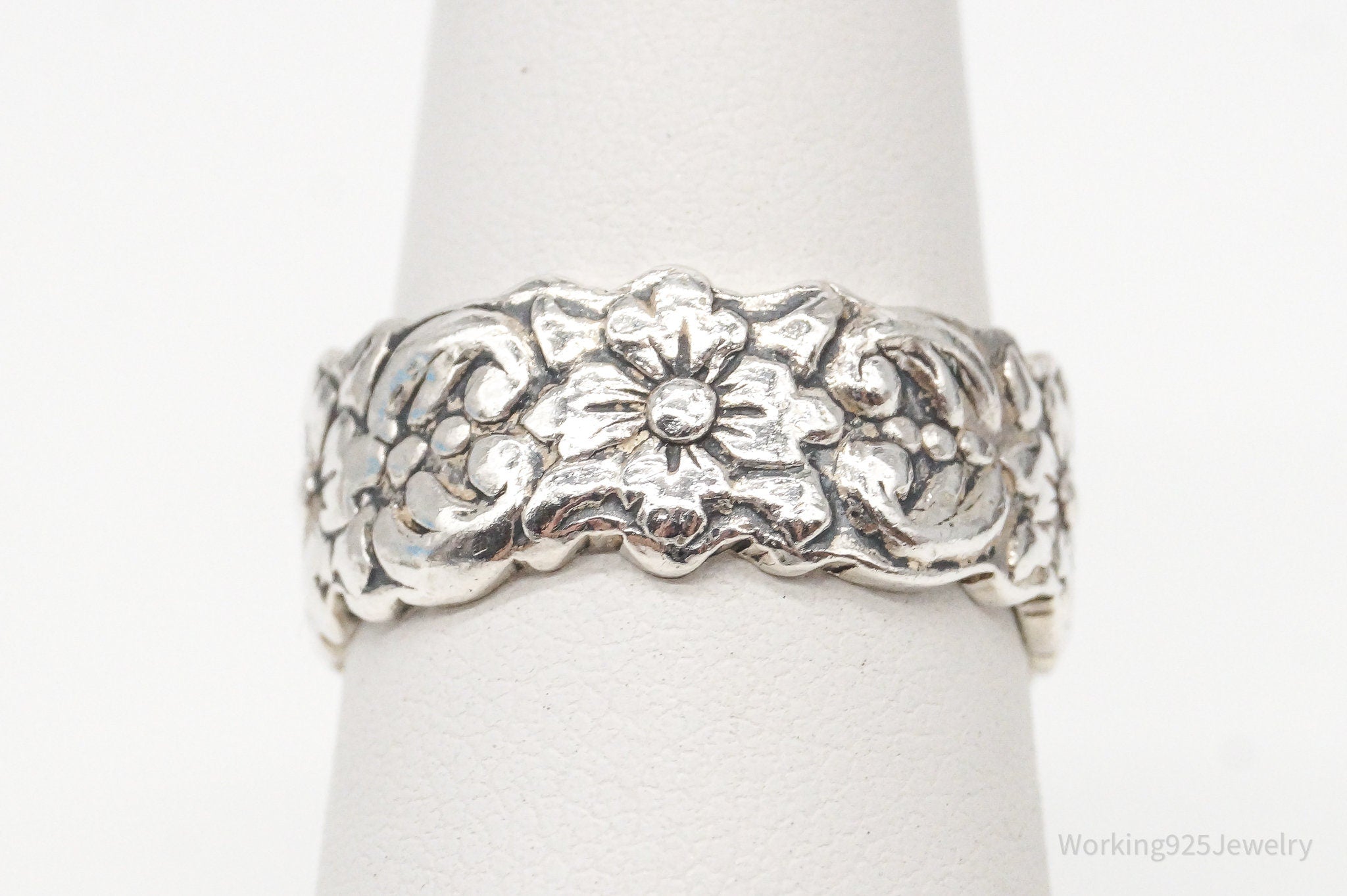 Vintage Mexico Flowers Sterling Silver Band Ring - Size 6.5