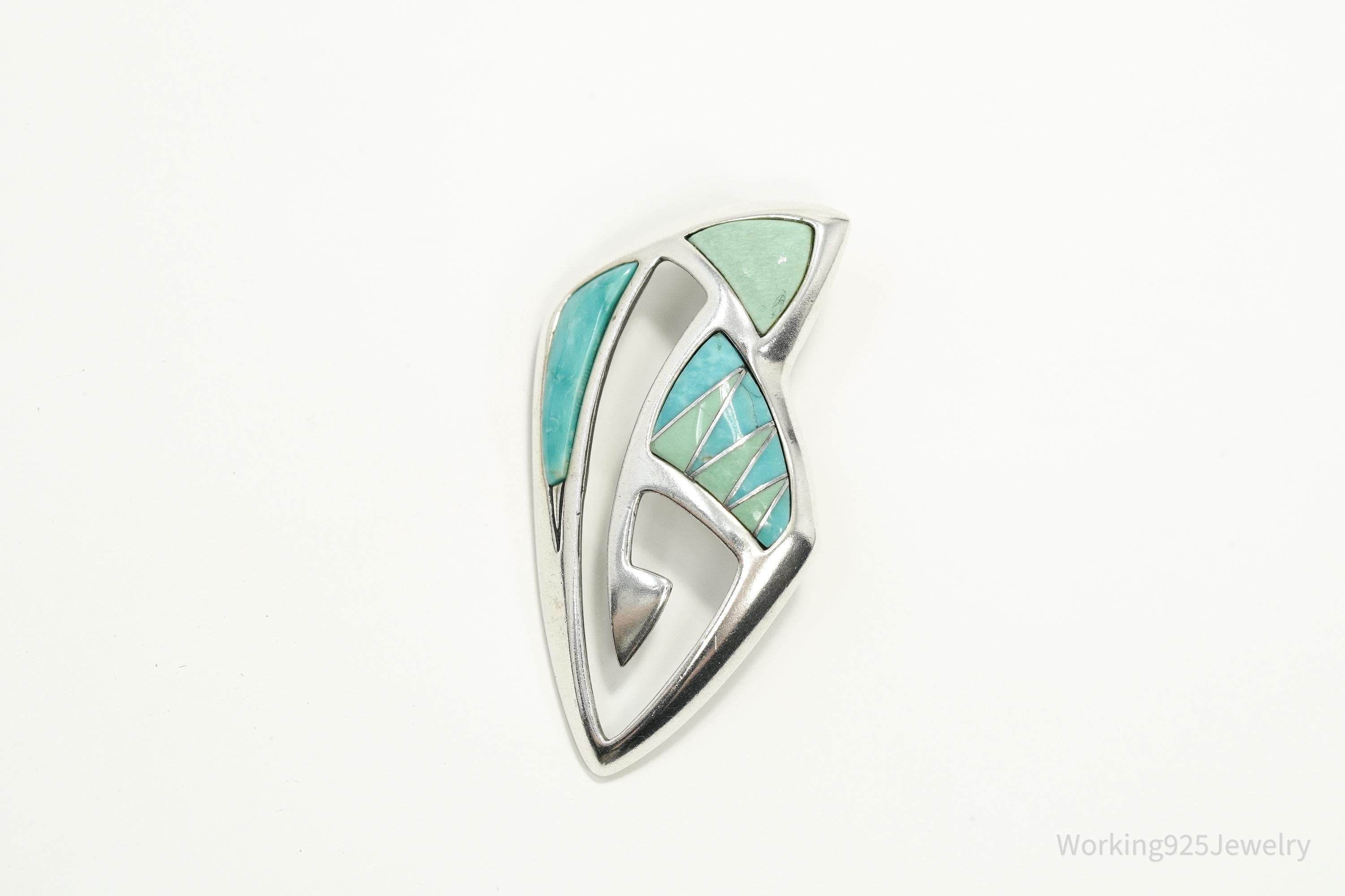 VTG Native Designer Carolyn Pollack Relios Turquoise Inlay Sterling Silver Pendant 1 9/16"