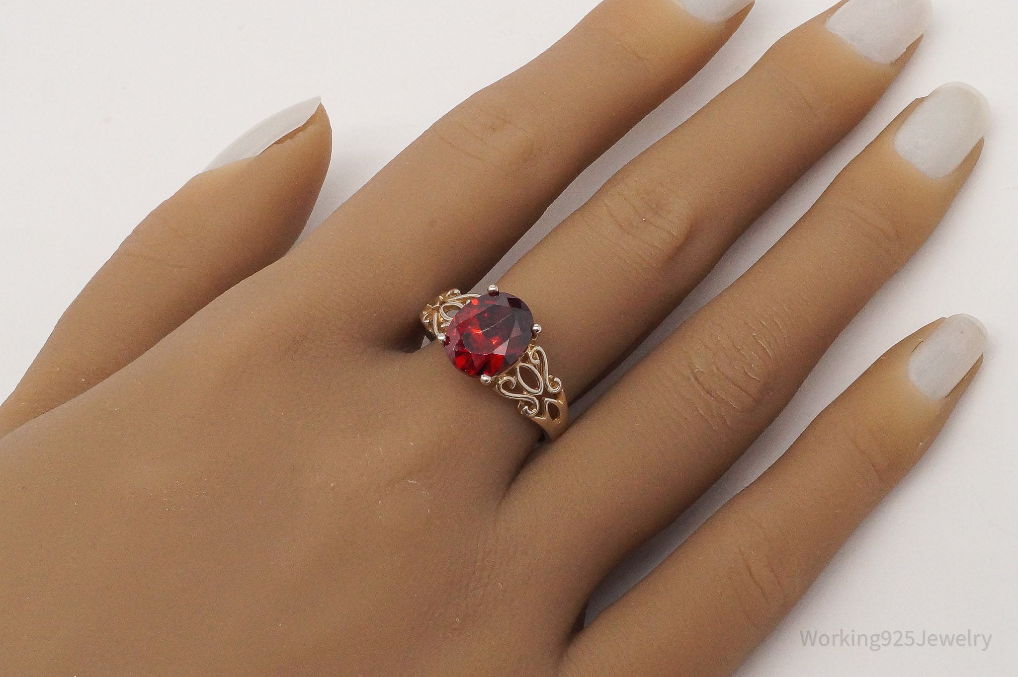 Vintage Large Red Cubic Zirconia Sterling Silver Ring - Size 10