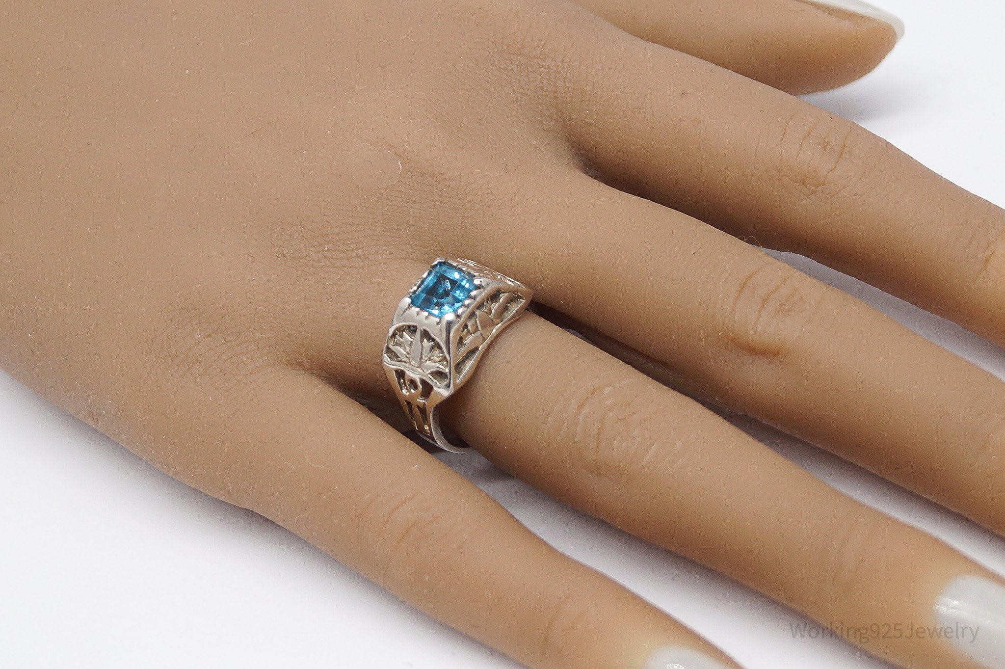 Vintage Blue Topaz Ankh Cross & Lotus Sterling Silver Ring - Size 7.75