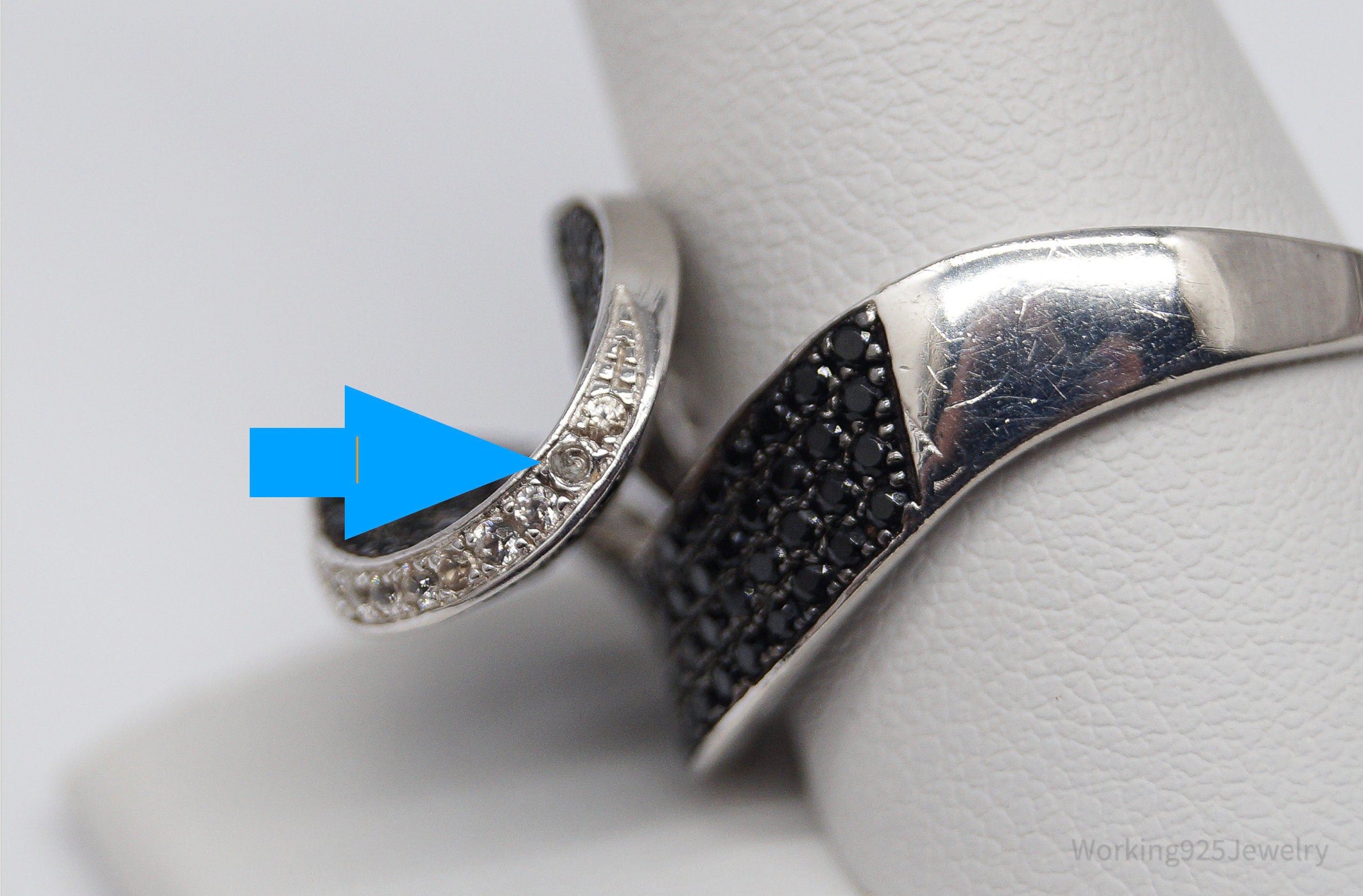 Vintage Black Tourmaline & White Topaz Sterling Silver Ring - Size 12