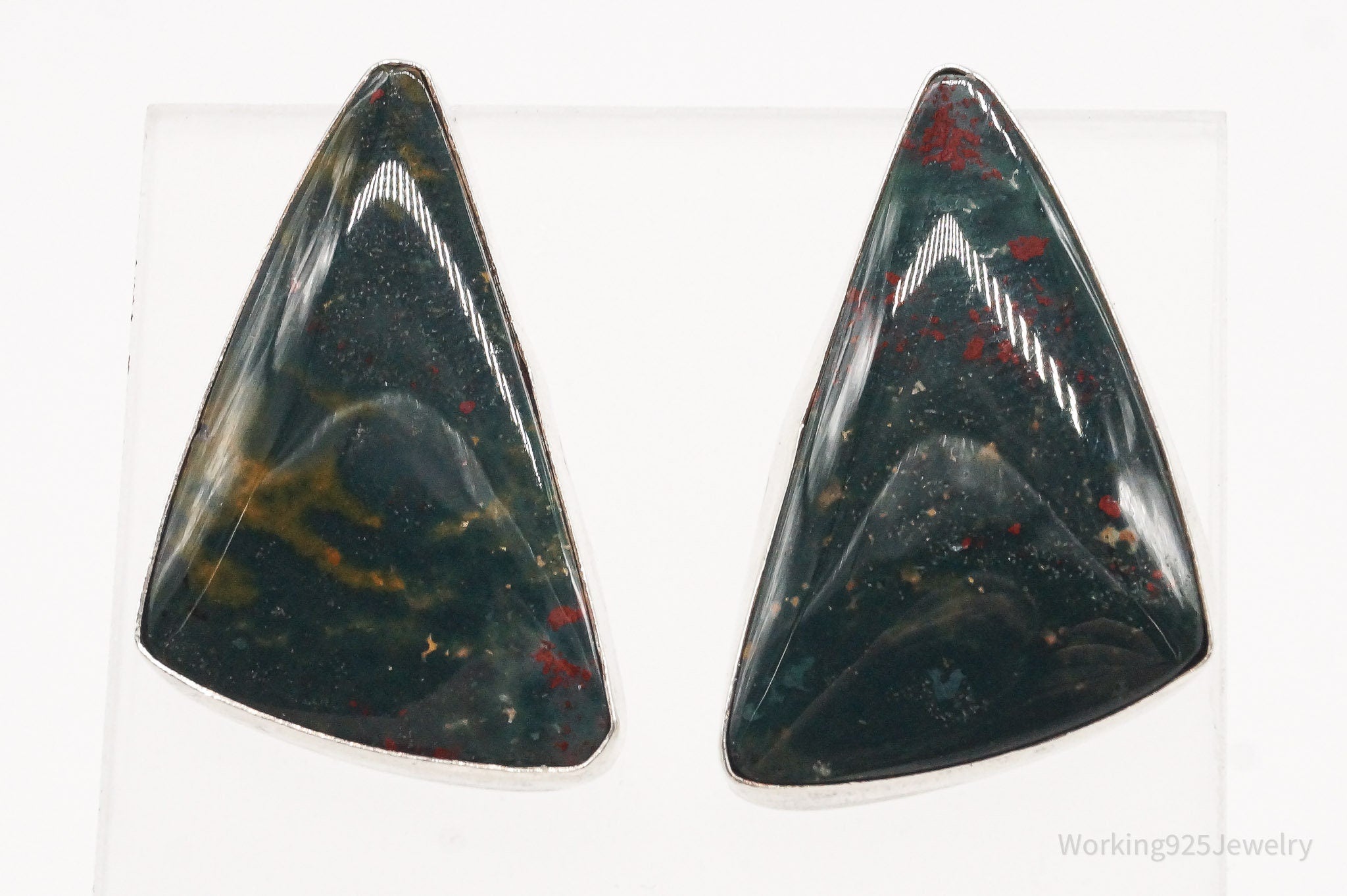 Vintage Large Bloodstone Sterling Silver Earrings