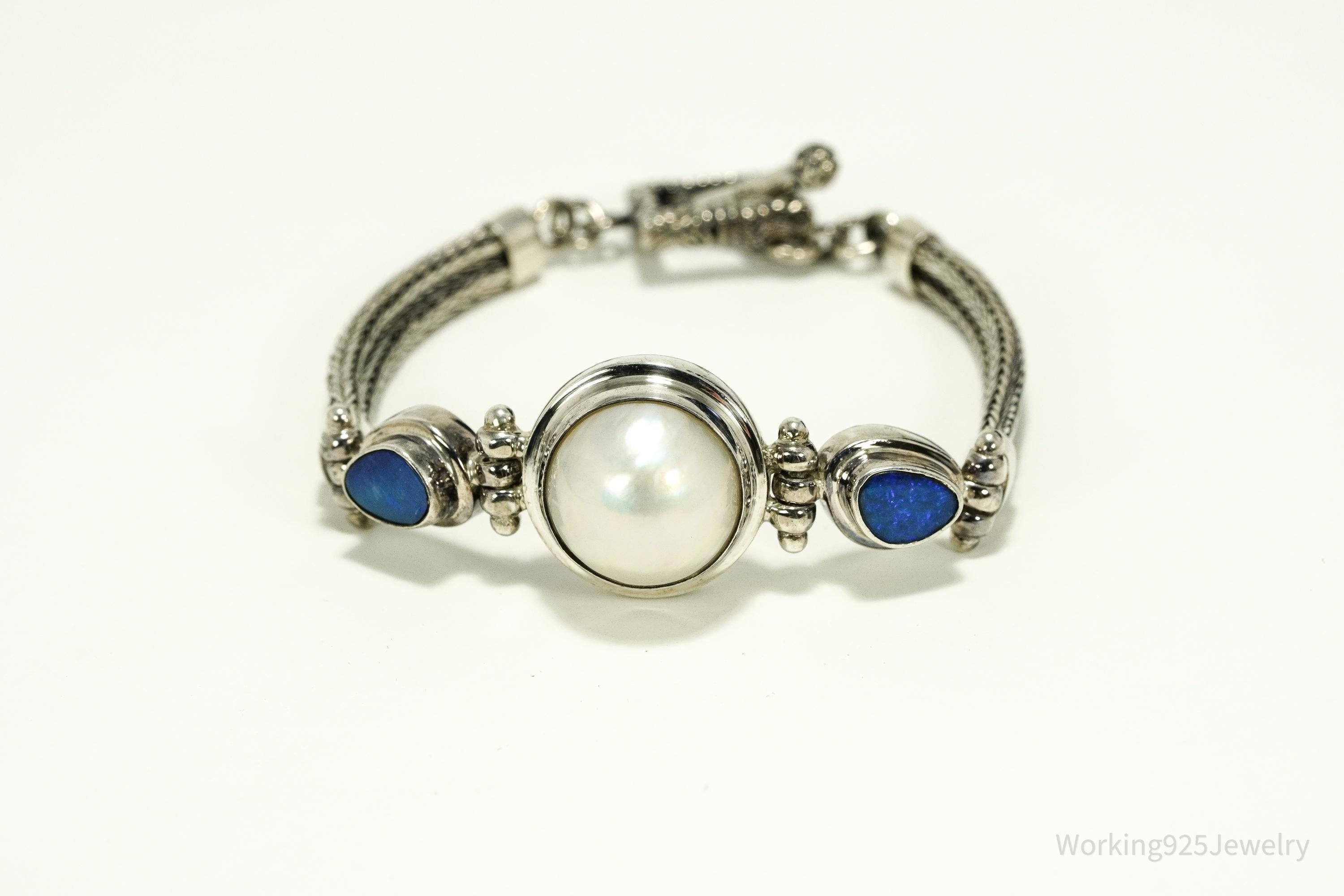 Vintage White Pearl & Opal Sterling Silver Toggle Bracelet 7 1/8"