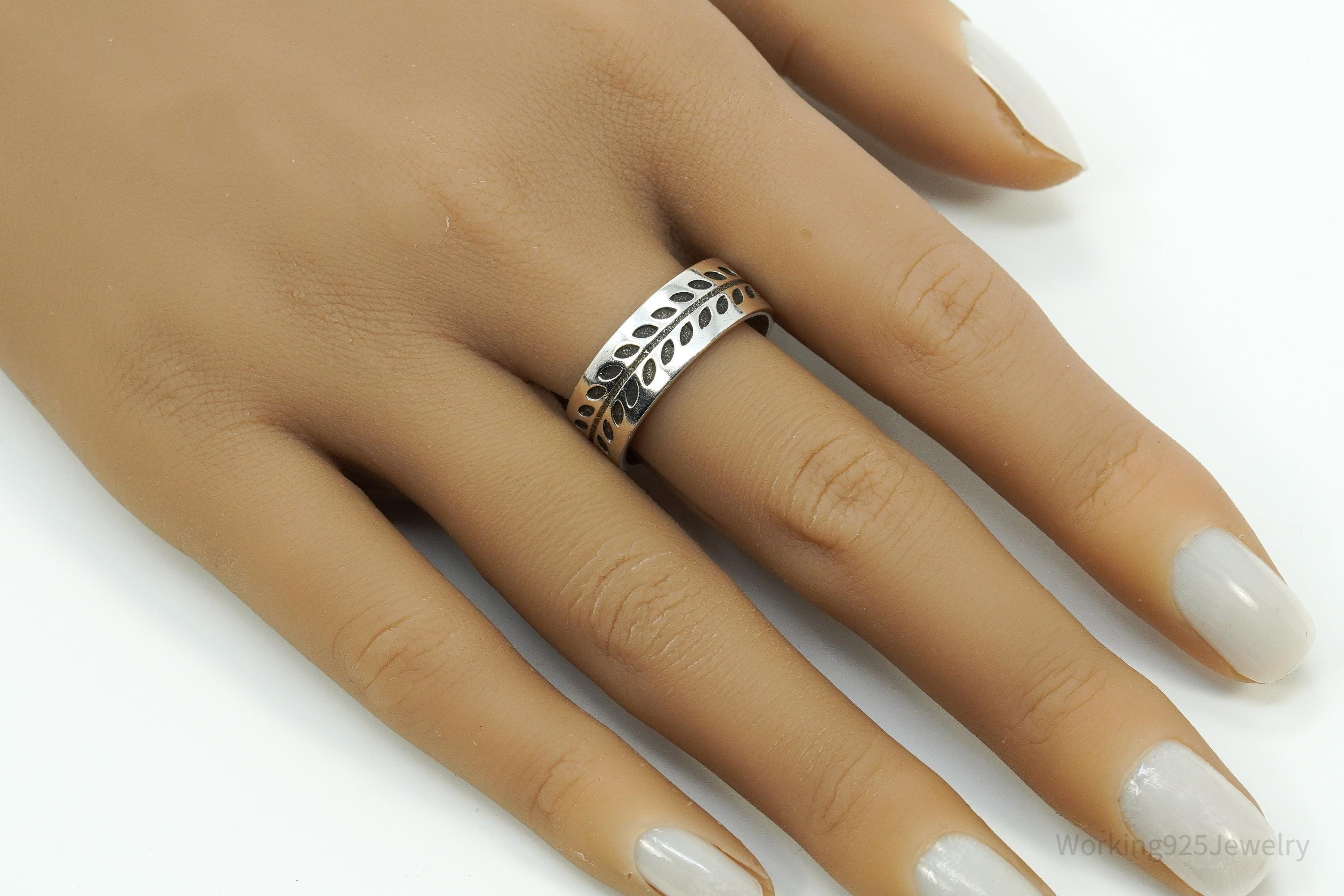 Vintage Leaf Vine Design Sterling Silver Band Ring - Size 10