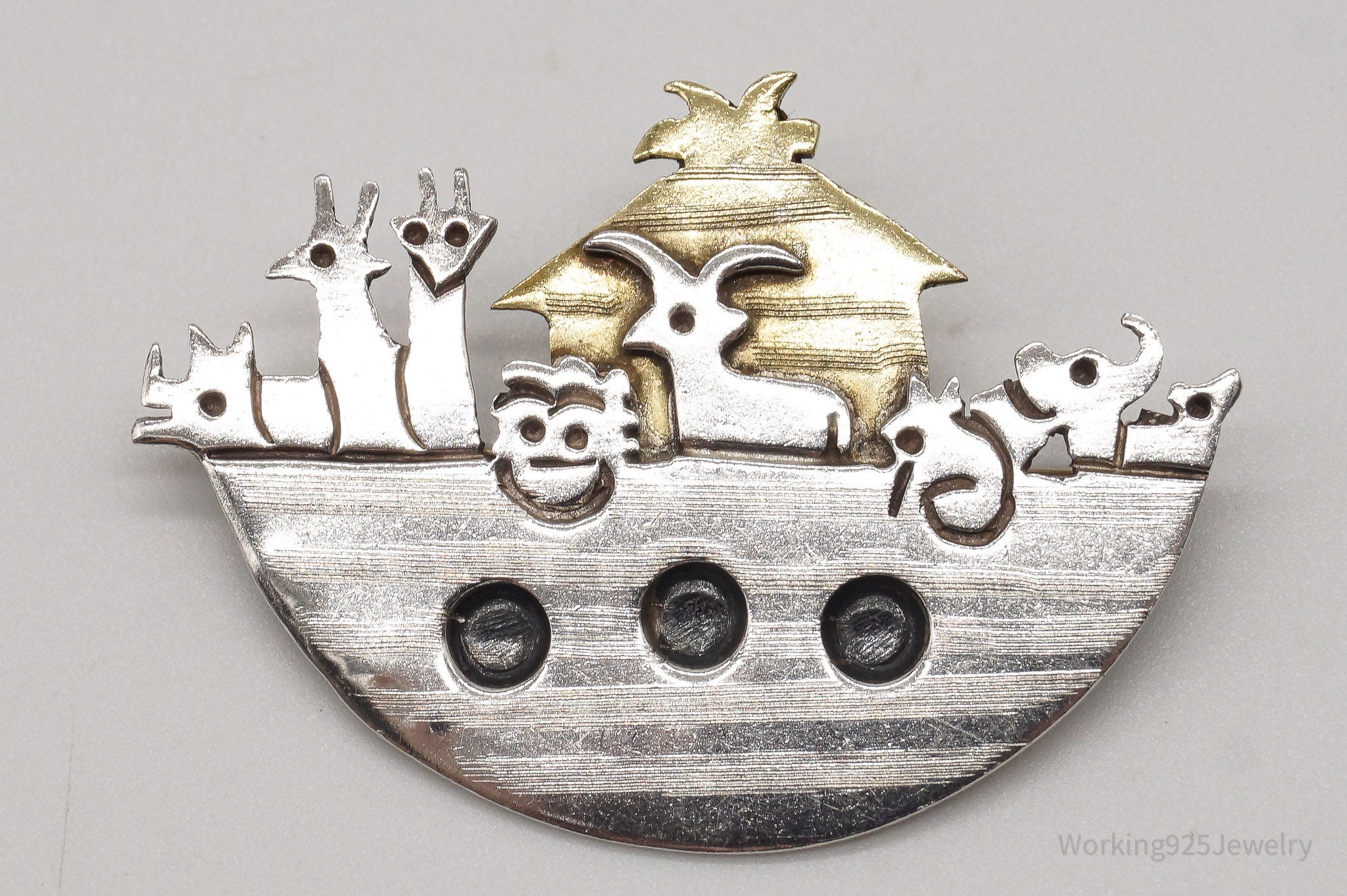 Vintage Mexico Noahs Ark Brass Sterling Silver Brooch Pin