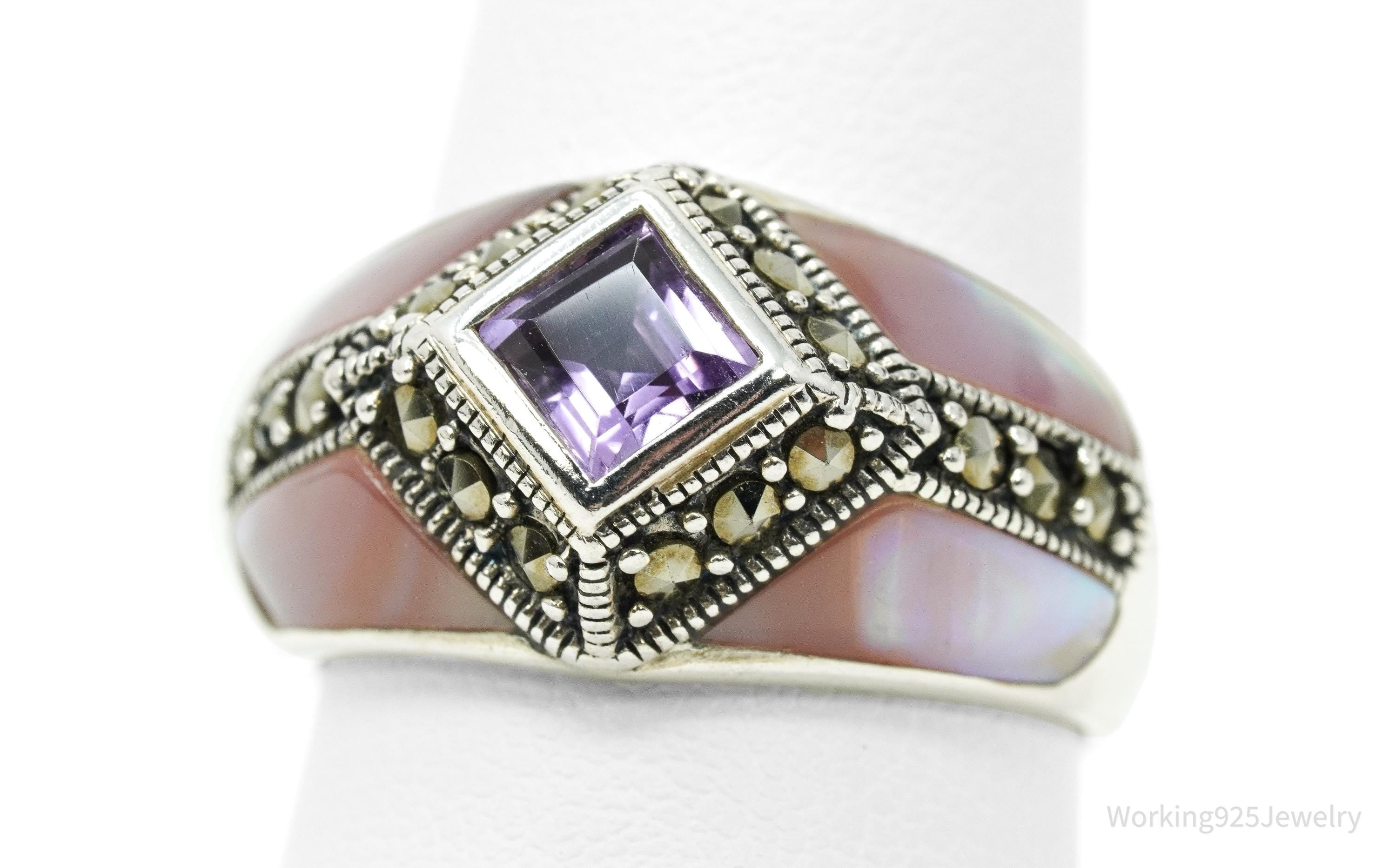 Vintage Amethyst, Marcasite, & Mother Of Pearl Inlay Sterling Silver Ring - Size 8