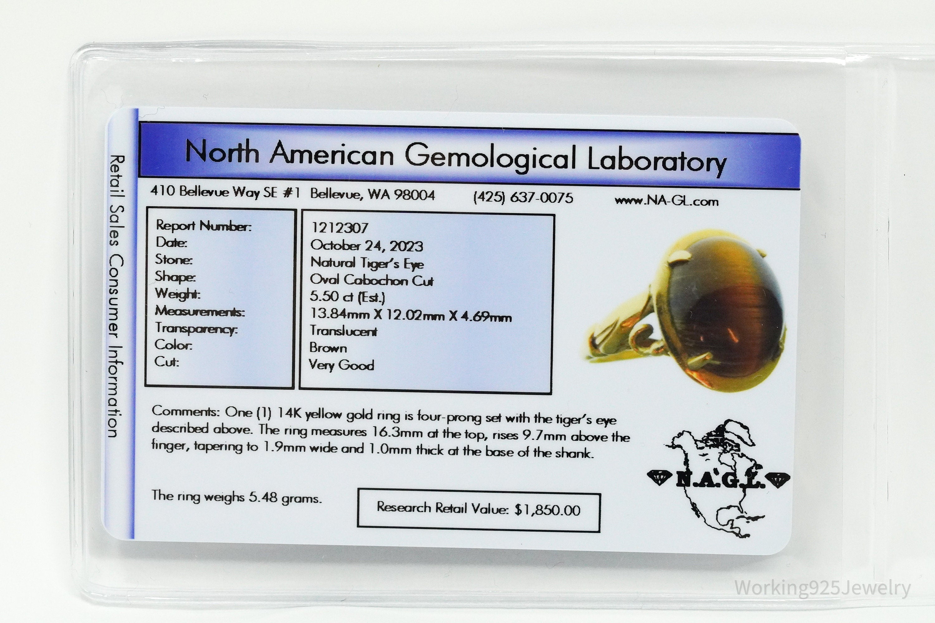 14K Yellow Gold & Tiger's Eye Cabochon Four Prong Ring - Size 6