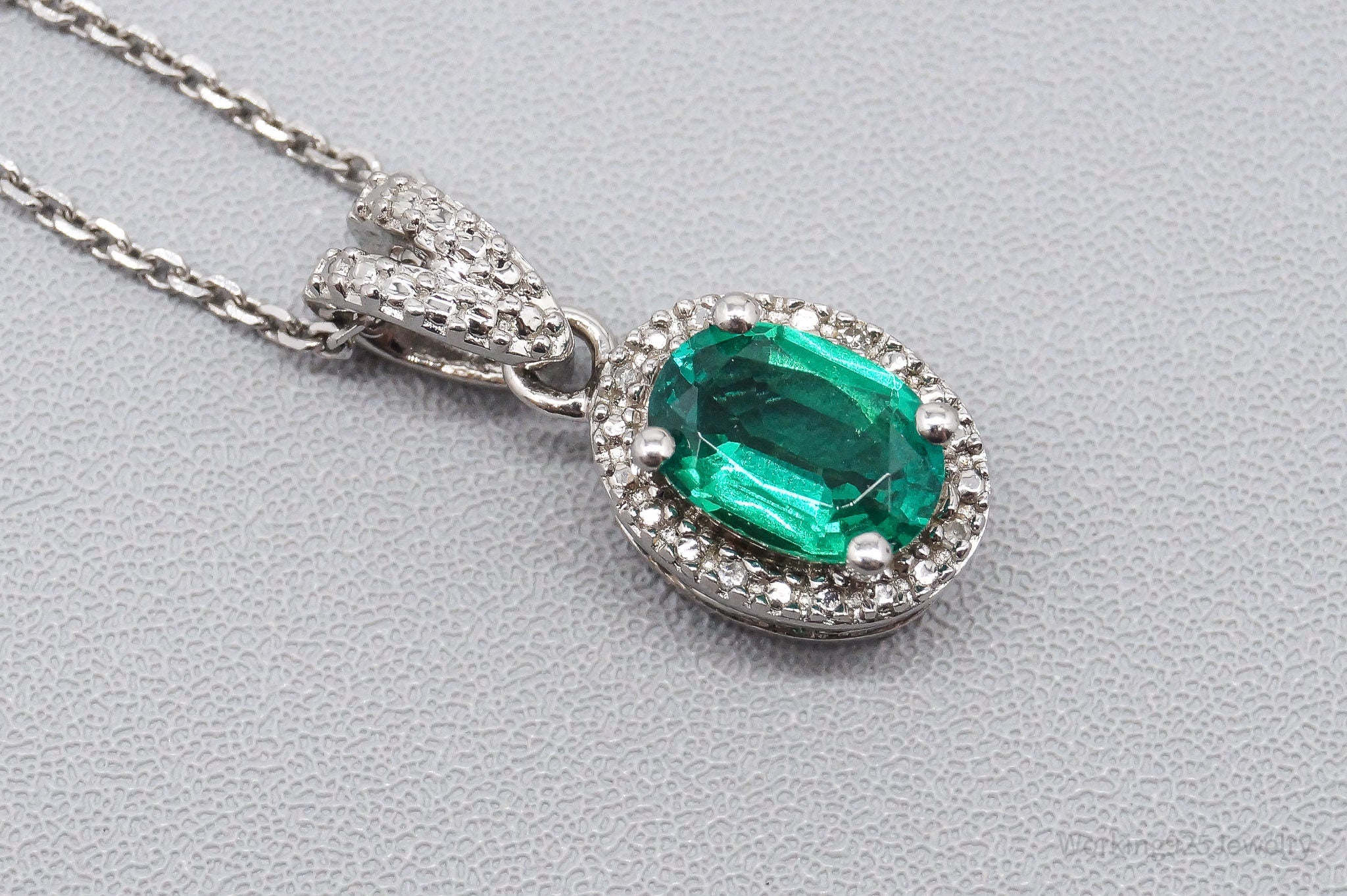 Vintage Lab Emerald Diamond Sterling Silver Necklace 22" Adjustable