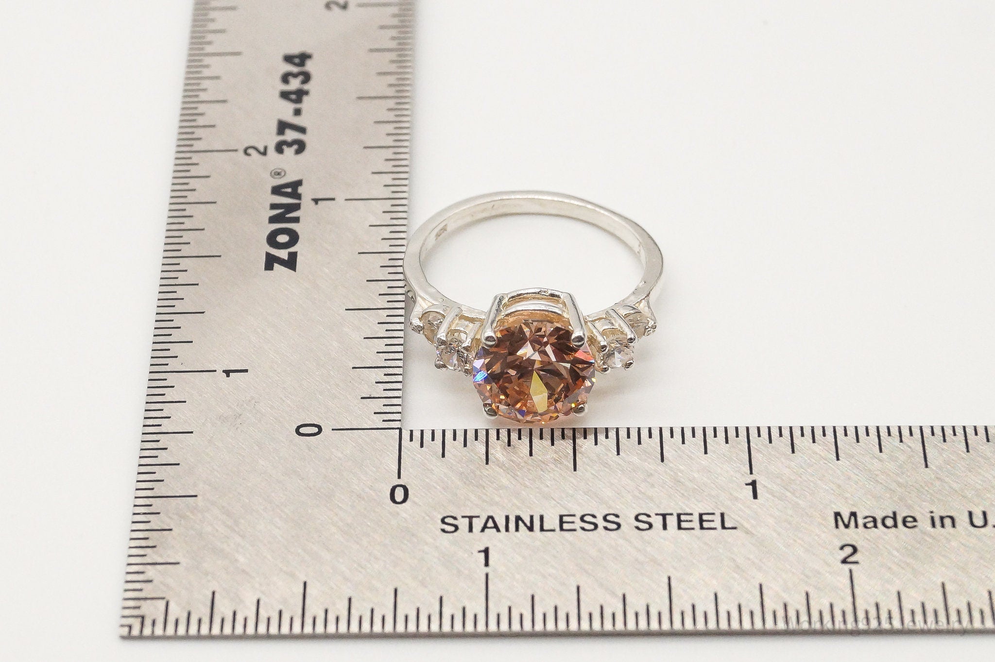 Vintage Peach & White Cubic Zirconia Sterling Silver Ring - Size 7