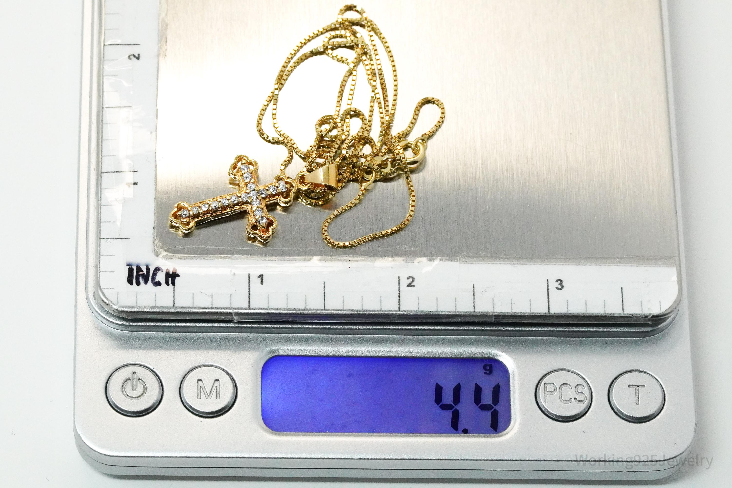 Vintage Cubic Zirconia Gold Over Sterling Silver Cross Necklace 22"