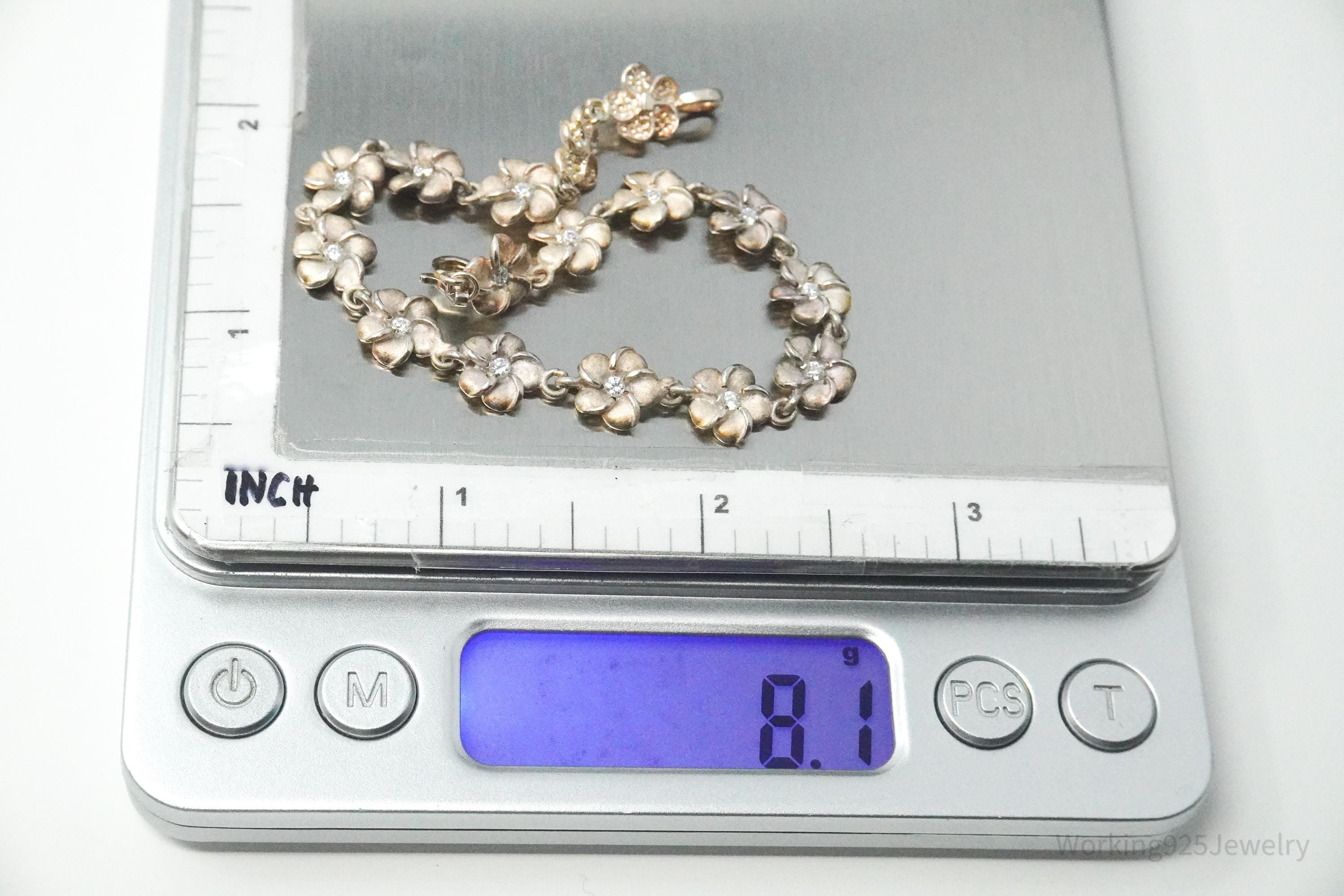 Vintage Cubic Zirconia Flowers Sterling Silver Bracelet 7 5/8"