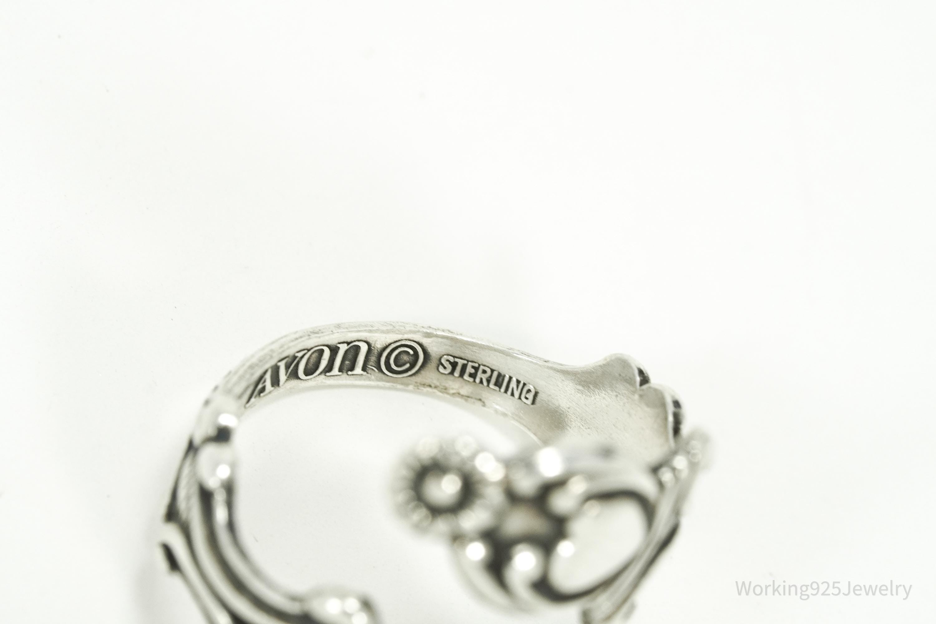 Vintage Avon Hearts & Flowers Sterling Silver Adjustable Wrap Spoon Ring - Size 7.5