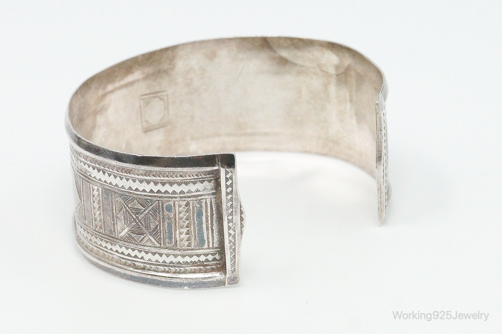 Vintage Southwestern Handmade Tribal Etched Sterling Silver Cuff Bracelet