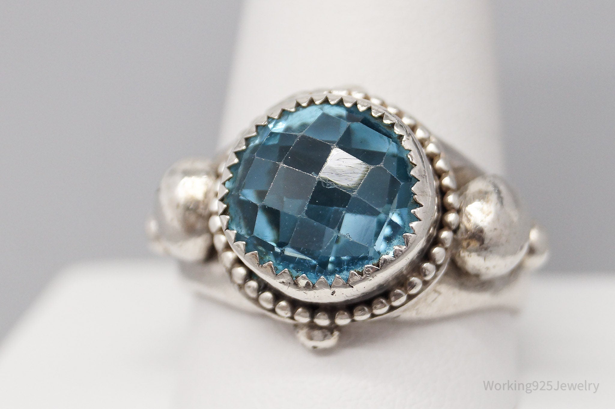 Vintage Modernist Style Blue Topaz Sterling Silver Ring - Size 11.75