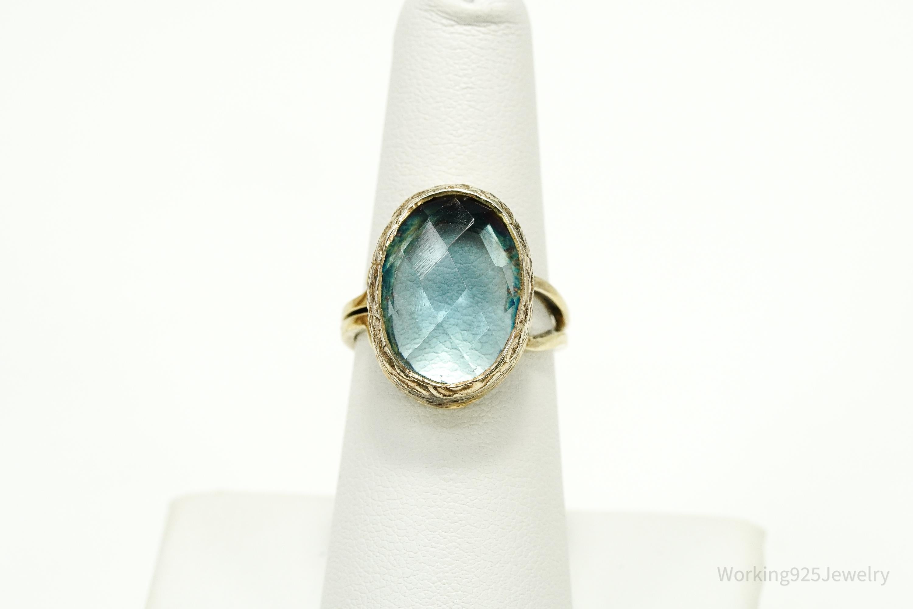 Vintage Blue Stone Gold Vermeil Sterling Silver Ring - Size 6.75 Adjustable