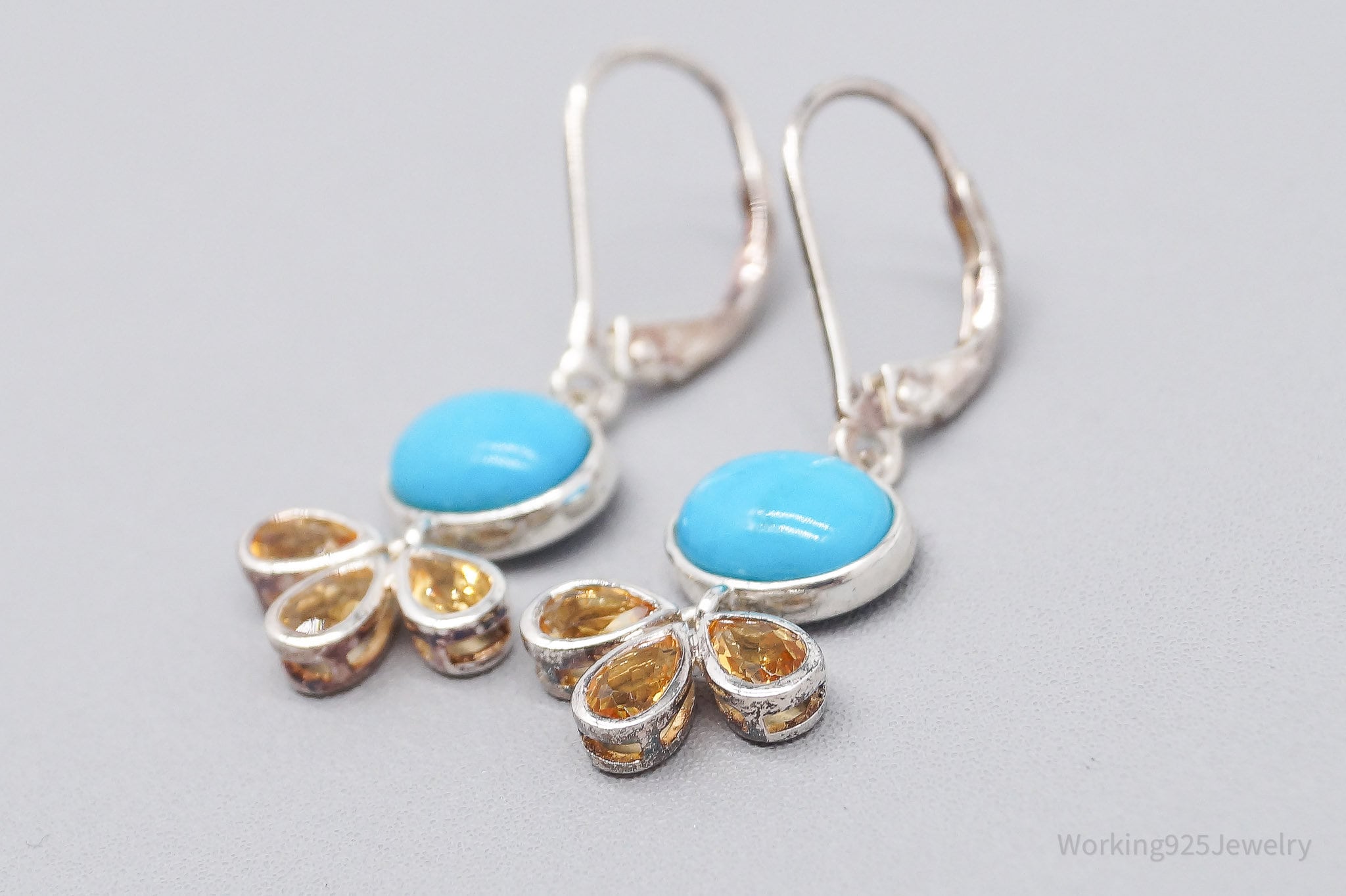 Vintage Blue Turquoise & Citrine Sterling Silver Earrings