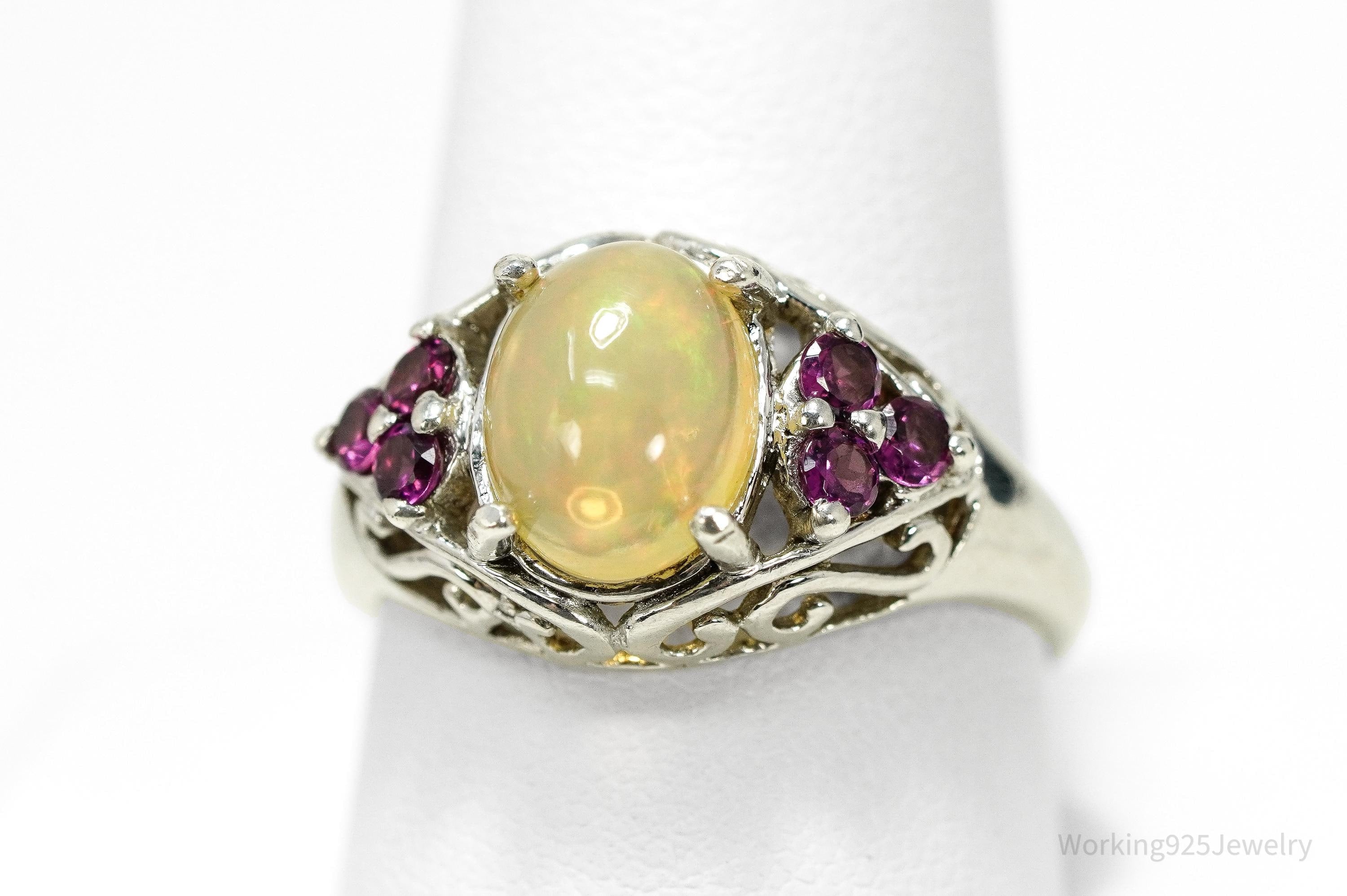 Vintage Ethiopian Opal & Rhodolite Garnet Sterling Silver Ring - Size 10
