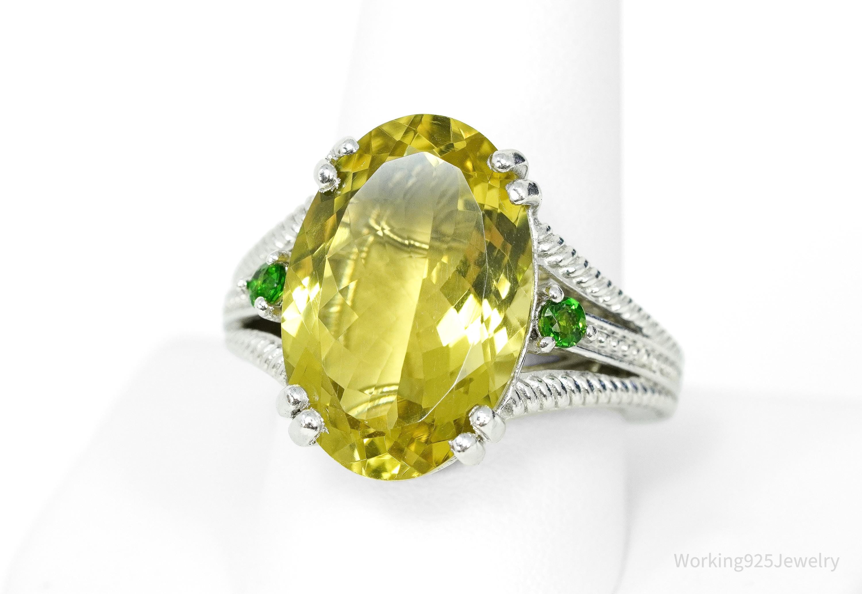 Vintage Large Lemon Quartz & Green Chrome Diopside Sterling Silver Ring Size 10