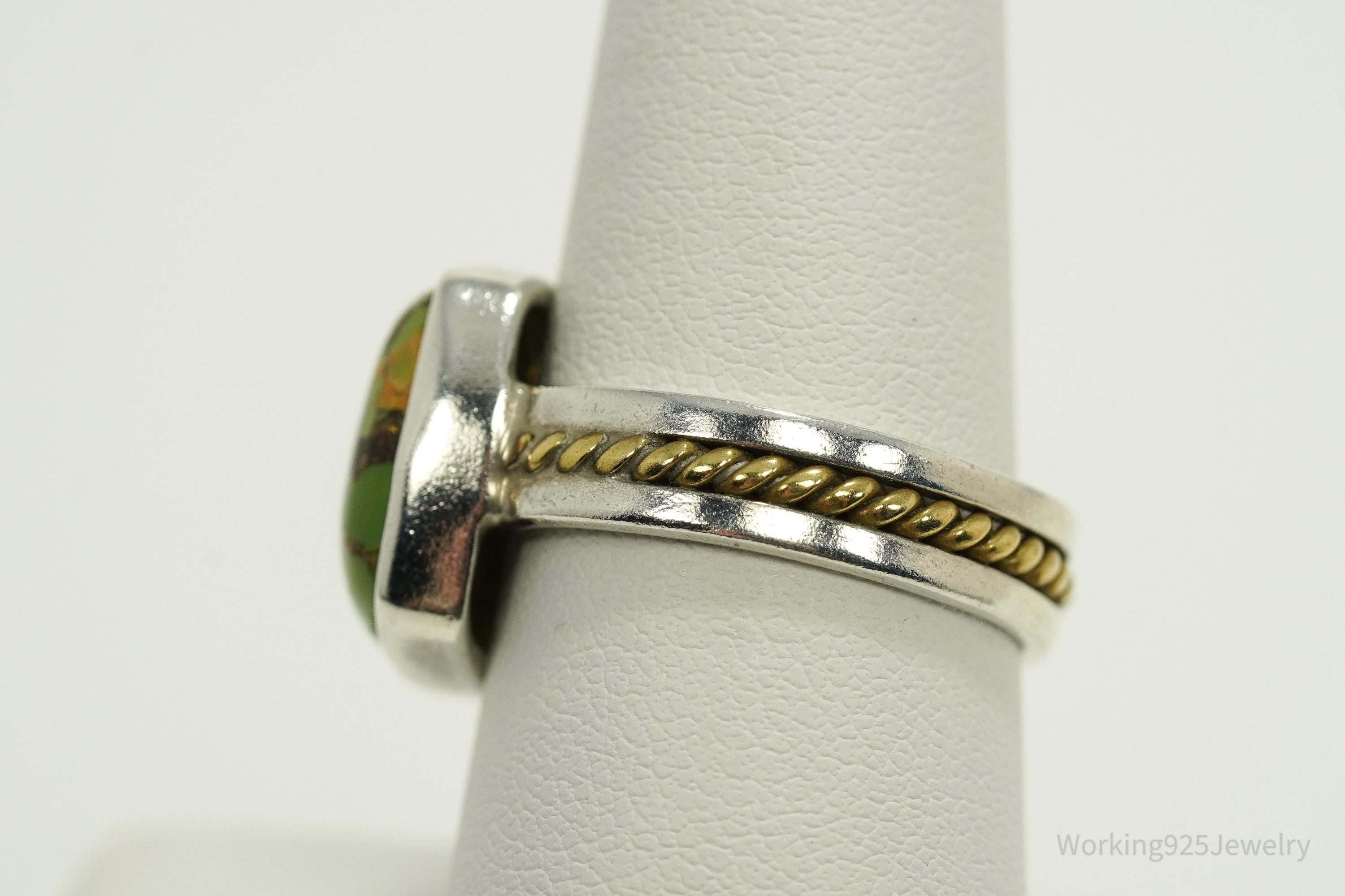 Vintage India Designer YS Green Copper Turquoise Two Tone Sterling Silver Ring - Size 9